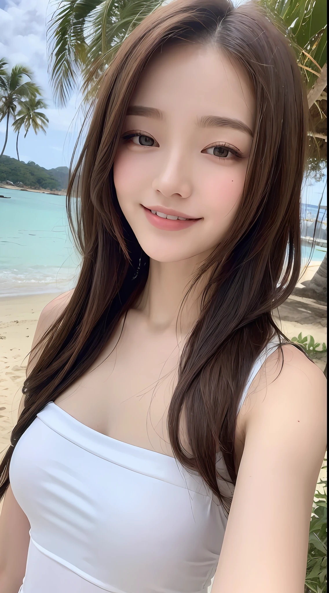 ((Best Quality, 8K, Masterpiece: 1.3)), 1girl, Slender Beauty: 1.3, (Hairstyle Casual, Upper Body: 1.2), Swimming, White Swimsuit: 1.1, Super Fine Face, Fine Eyes, Double Eyelids, Smile, On the Beach