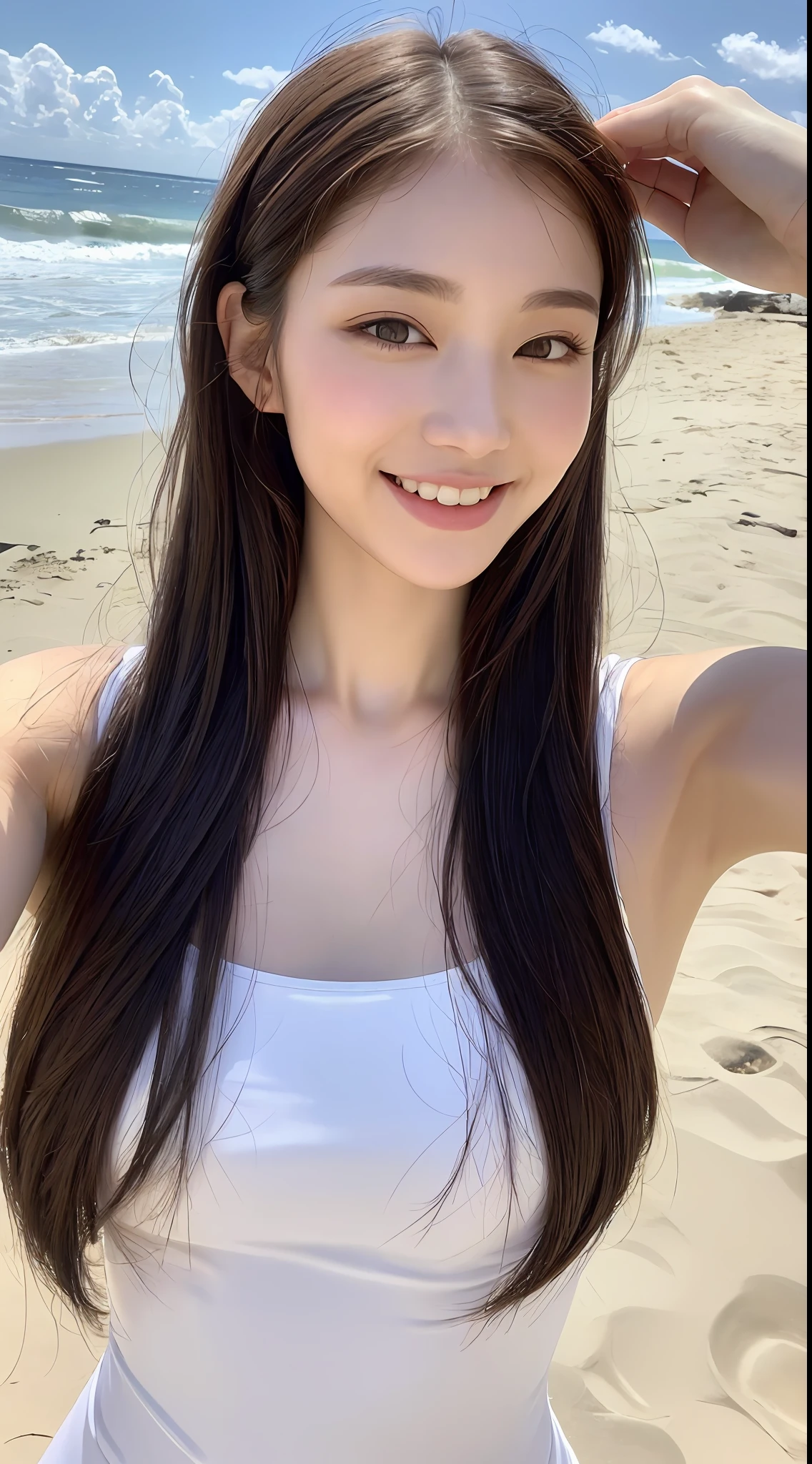 ((Best Quality, 8K, Masterpiece: 1.3)), 1girl, Slender Beauty: 1.3, (Hairstyle Casual, Upper Body: 1.2), Swimming, White Swimsuit: 1.1, Super Fine Face, Fine Eyes, Double Eyelids, Smile, On the Beach