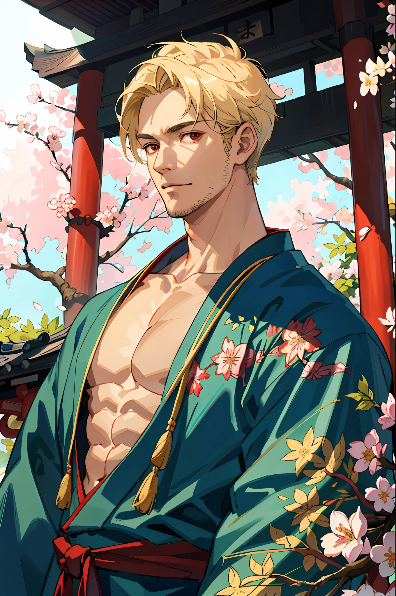 masterpiece, best quality, solo, adult, tall muscle, handsome, finely detailed eyes and detailed face, intricate details, upper body: 1.2, cherry blossoms, Japanese clothes, extravagant kimono, blond hair, red eyes, oni, (looking_at_viewer), (hair_ornament), adult, mature, aged, tall and muscular boy, broad shoulders, handsome, exposed chest, loose clothes, japanese shrine background,  dappled sunlight, day, plants, summer, depth of field, extremely detailed face, fantasy, mythology, magic forest, abs, short blonde beard, eyebrow cut