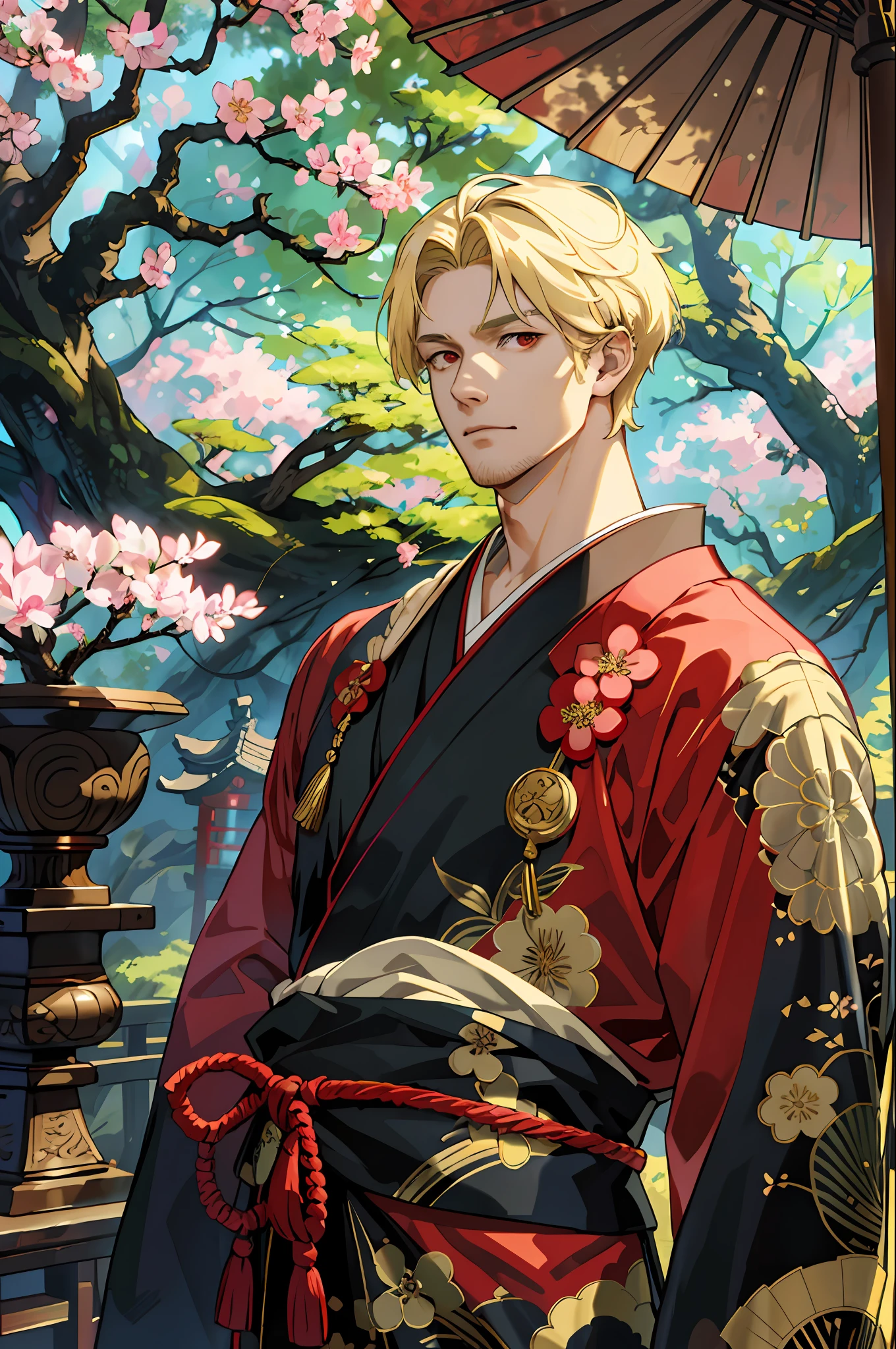 masterpiece, best quality, solo, adult, tall muscle, handsome, finely detailed eyes and detailed face, intricate details, upper body: 1.2, cherry blossoms, Japanese clothes, extravagant kimono, blond hair, red eyes, oni, (looking_at_viewer), (hair_ornament), adult, mature, aged, tall and muscular boy, broad shoulders, handsome, exposed chest, loose clothes, japanese shrine background, dappled sunlight, day, plants, summer, depth of field, extremely detailed face, fantasy, mythology, magic forest, abs, short blonde beard, eyebrow cut