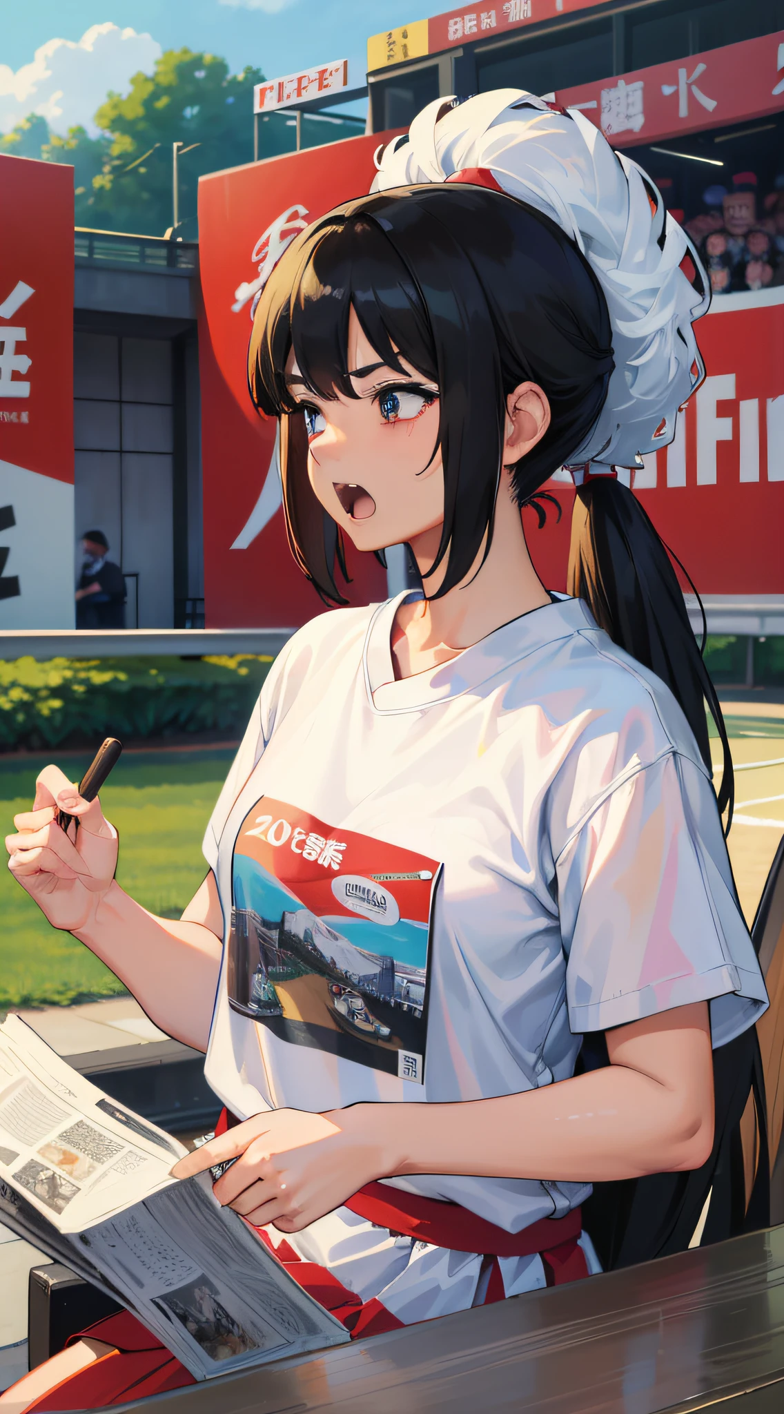 Masterpiece, Top Quality, High Definition, Solo, Medium, No Background, No Hat, Wearing a White T-Shirt, 25 Years Old, Japan Woman, Very Cute 20s, ((Looking Far Away)), Clutching a Newspaper, ((Angry)), ((Enthusiastically cheering)), ((Shouting)), Horse Racing Newspaper on Left
