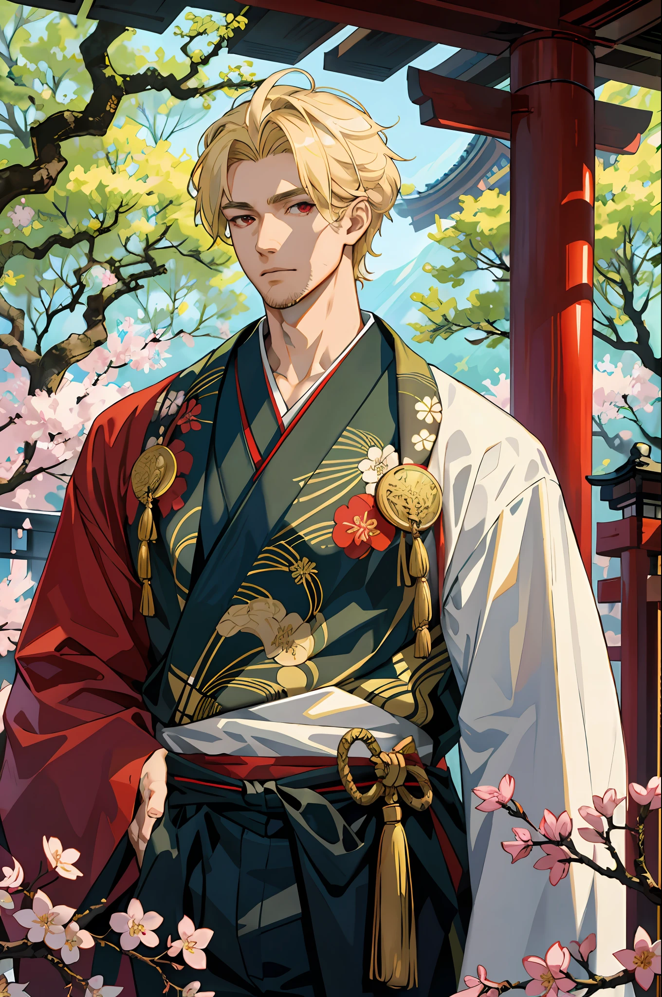 masterpiece, best quality, solo, adult, tall muscle, handsome, finely detailed eyes and detailed face, intricate details, upper body: 1.2, cherry blossoms, Japanese clothes, extravagant kimono, blond hair, red eyes, oni, (looking_at_viewer), (hair_ornament), adult, mature, aged, tall and muscular boy, broad shoulders, handsome, exposed chest, loose clothes, japanese shrine background,  dappled sunlight, day, plants, summer, depth of field, extremely detailed face, fantasy, mythology, magic forest, abs, short blonde beard, eyebrow cut