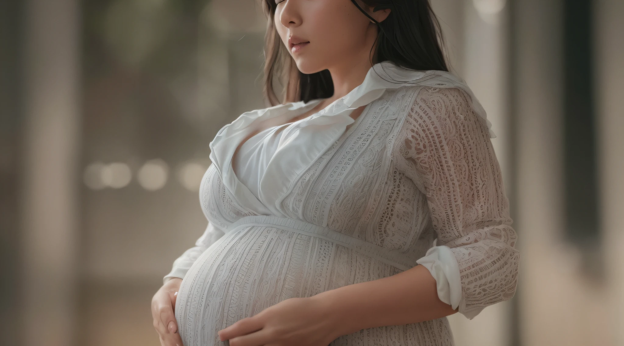 Mother wearing maternity clothes Mother pregnant with big belly Mother's hand caressing her growing belly Eyes full of love embellish2 Phtography, HDR RAW photo, 8K, highres, absurdres, Kodak Portra 400, film grain Bokeh, lens flare, vibrant color blurry background (best Quality) Masterpiece Photorealistic Photography, (Low Photo: 1.2), Detail, 8K