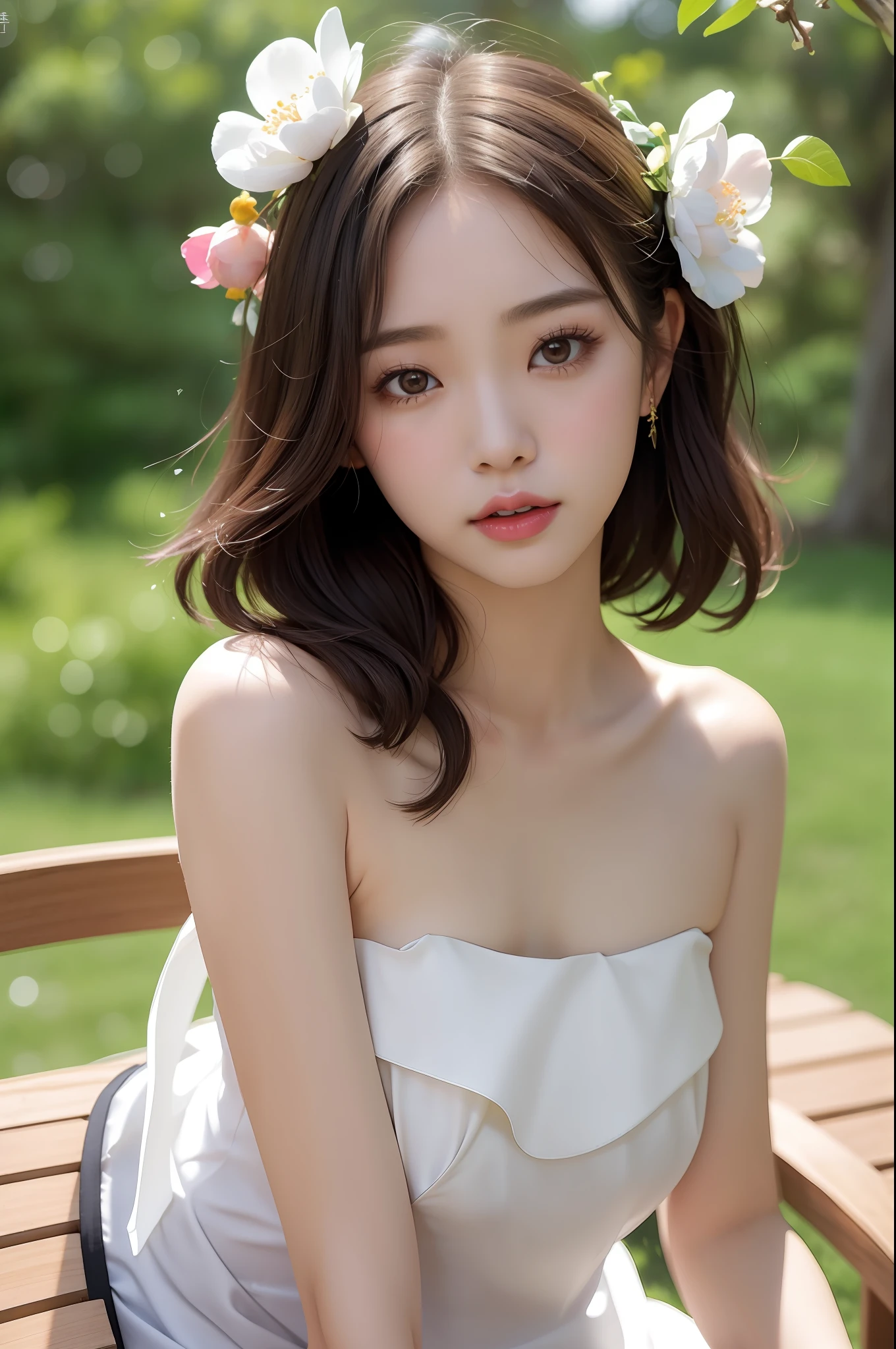 (upper body:1.25), Fashion trendy beautiful, gentle and charming Taiwanese lady, (jpop idol), (big breasts), (areolas slip), delicate and sexy collarbone, oval face, sitting on the wood bench, double eyelids, smart peach blossom eyes, pink lips, small nose, bare shoulders, focus on the face, close-up of the face, Ultra-high-definition, super-detailed, full-body photo, ultra-thin and light-transmitting, Platinum yellow((strapless))dress, sleeveless, fresh and good, and can(seen through:1.05), (NSFW:1.1)