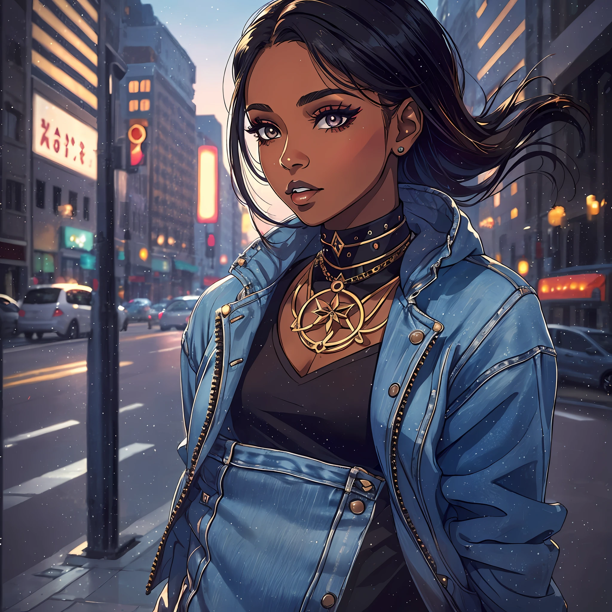 (a young woman:1.2)| (a girl:1.1), dark skin, portrait, makeup, super detailed, modern style, city, direct look, contoured.