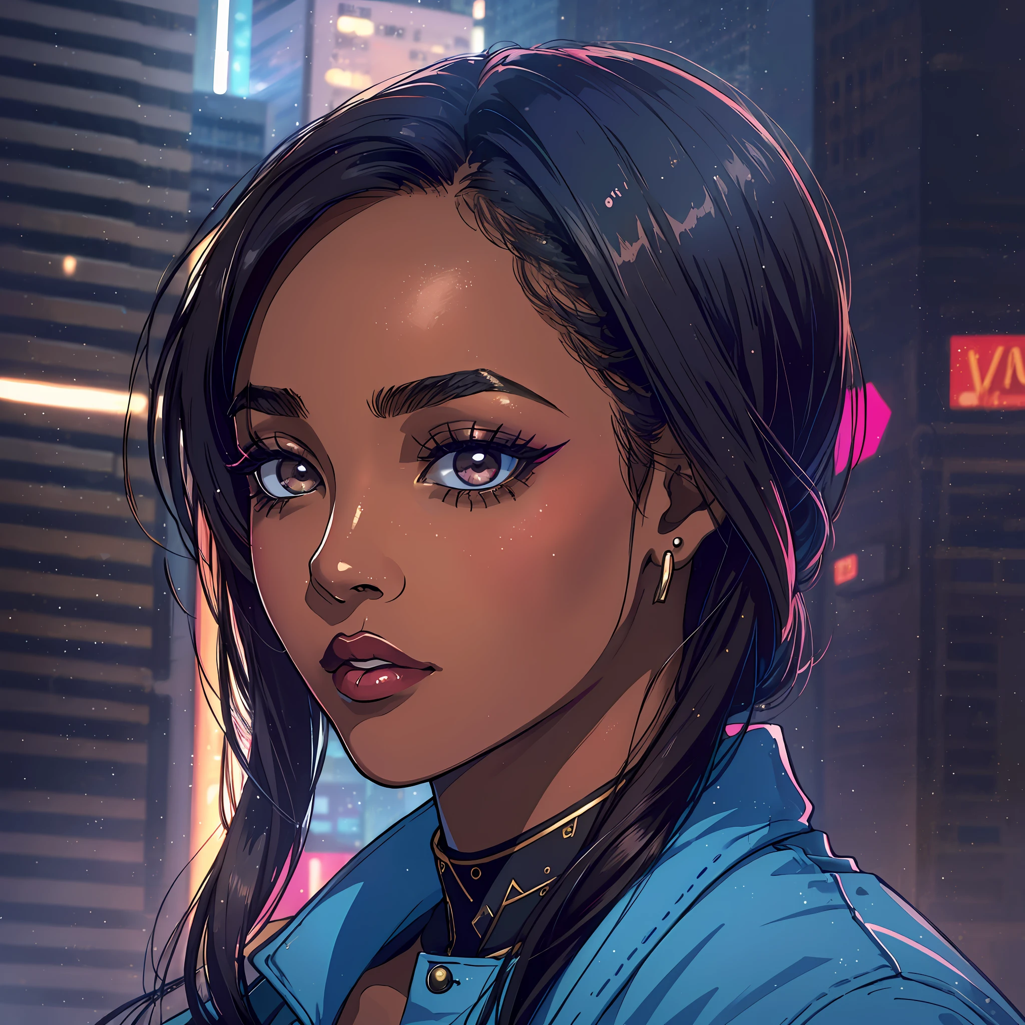 (a young woman:1.2)| (a girl:1.1), dark skin, portrait, makeup, super detailed, modern style, city, direct look, contoured.
