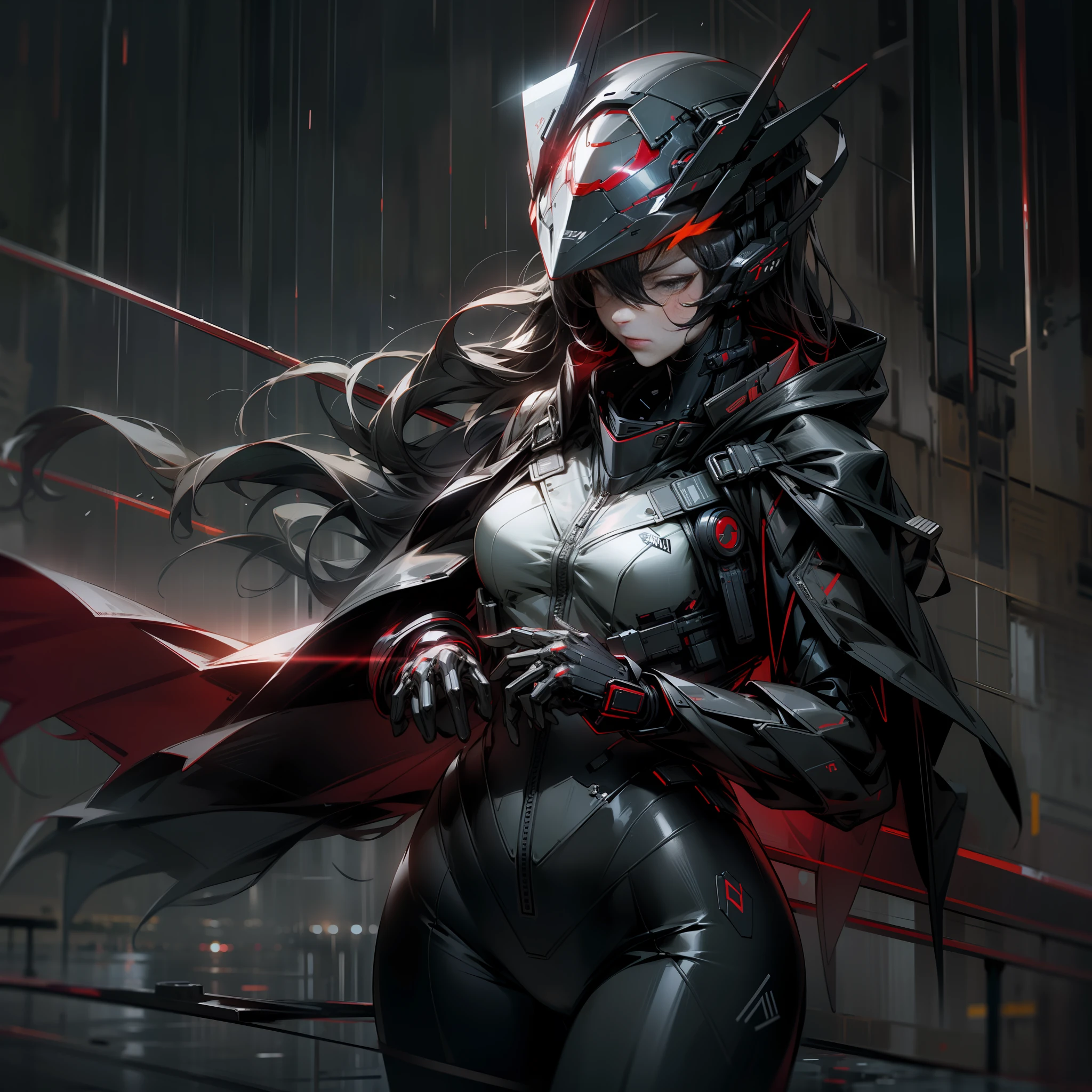 cyber fifu, 1 girl, thunderstorm, rain, downpour, heavy rain, black suit with red elements, cyber helmet, (((heavy rain))), night, moon only, black sky