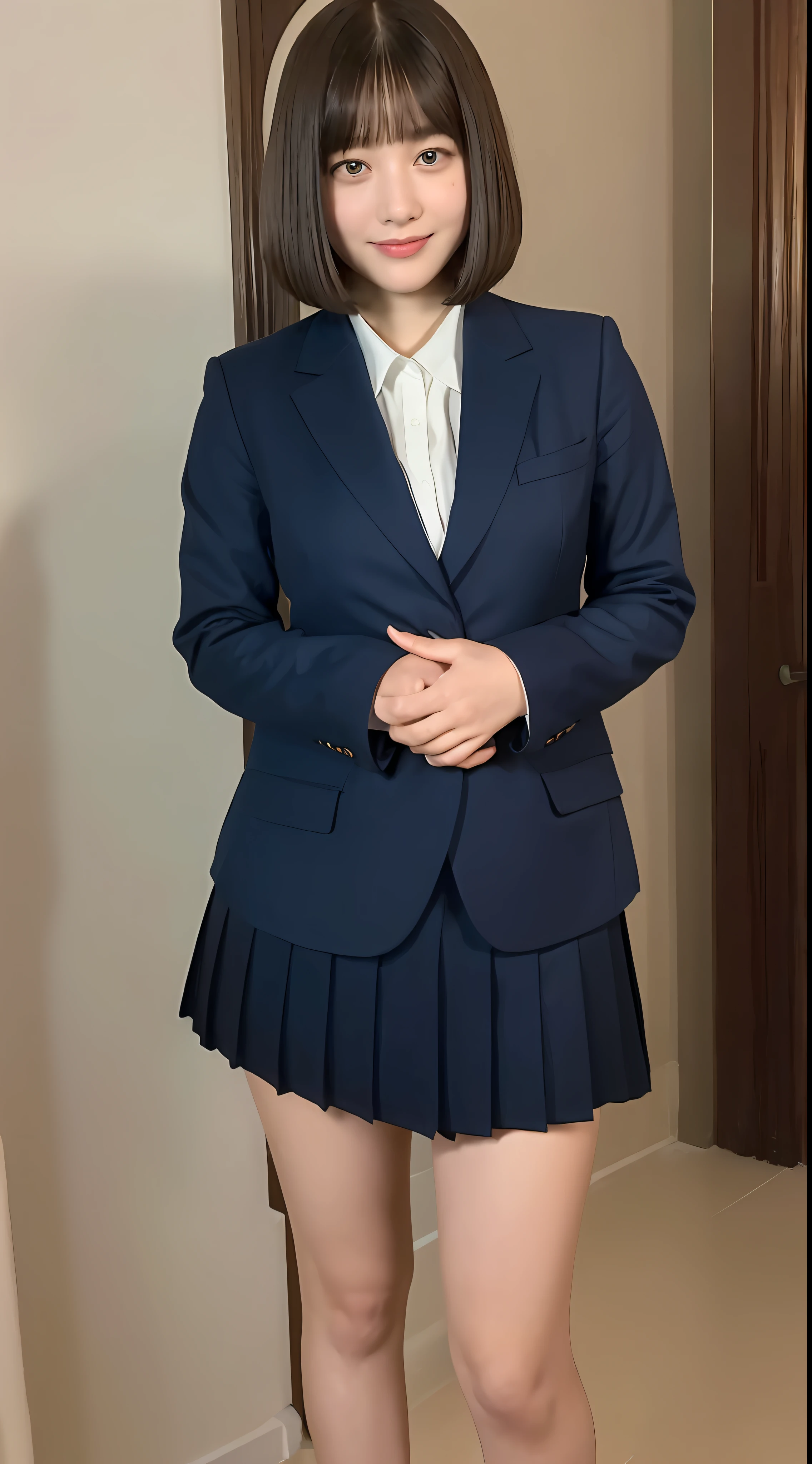 ((top quality, 8k, masterpiece: 1.3)), 1 girl, beautiful woman with plump abs: 1.3, full body, (bob cut, big: 1.1), school uniform: 1.2, dark blue blazer, super delicate face, delicate eyes, double eyelids, smile, school