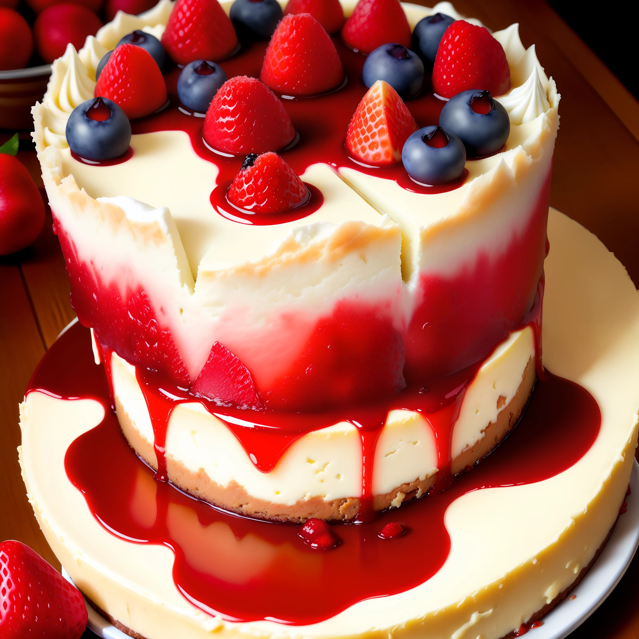 Culinary Photography, delicious cheesecake, red fruits, mouthwatering, close - up, vibrant colors, natural lighting, appetizing mood, indoor setting, 30mm wide - angle lens