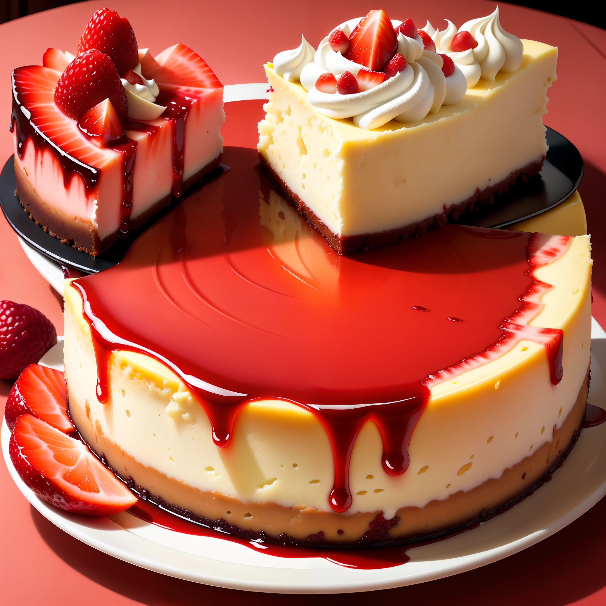 Culinary Photography, delicious cheesecake, red fruits, mouthwatering, close - up, vibrant colors, natural lighting, appetizing mood, indoor setting, 30mm wide - angle lens