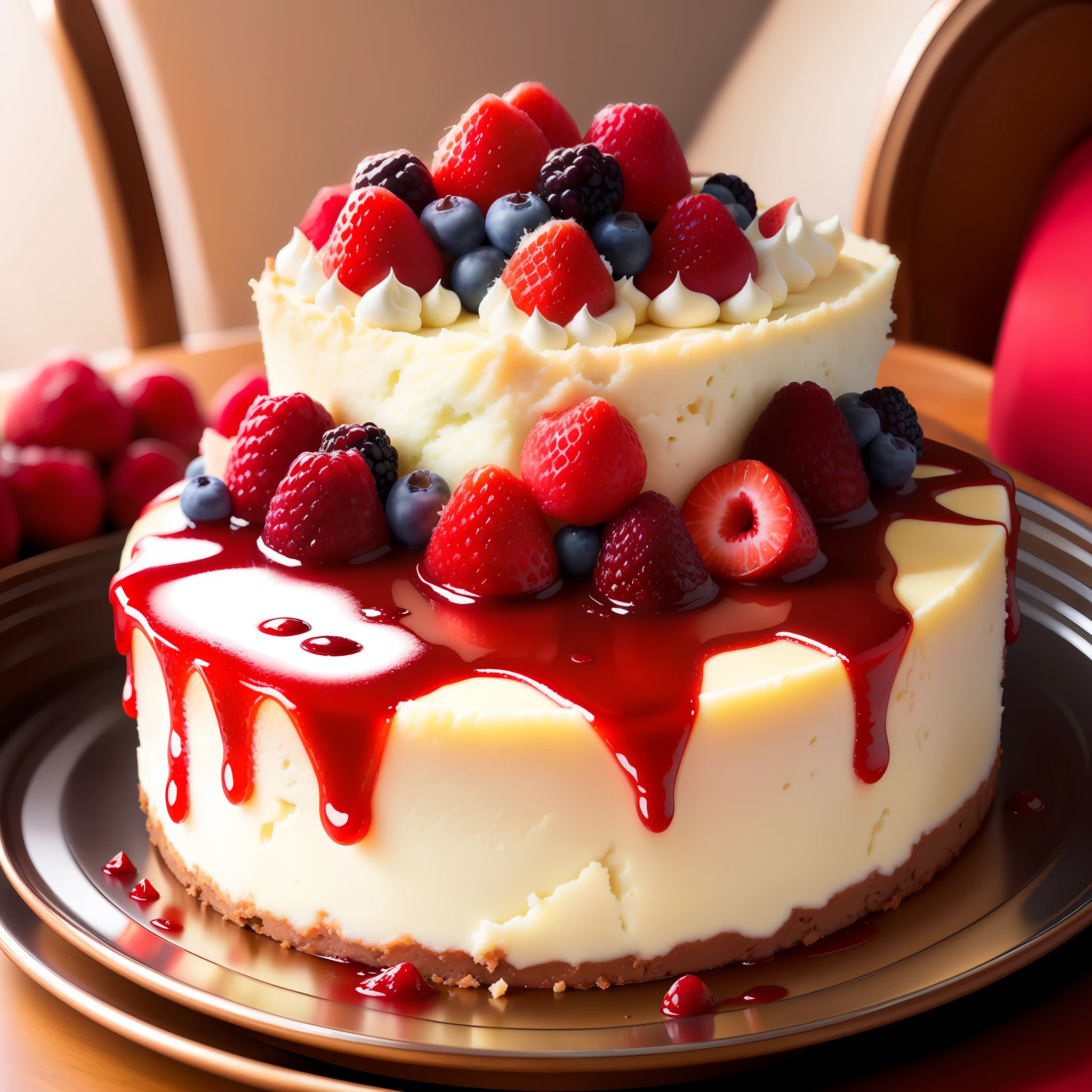 Culinary Photography, delicious cheesecake, red fruits, mouthwatering, close - up, vibrant colors, natural lighting, appetizing mood, indoor setting, 30mm wide - angle lens