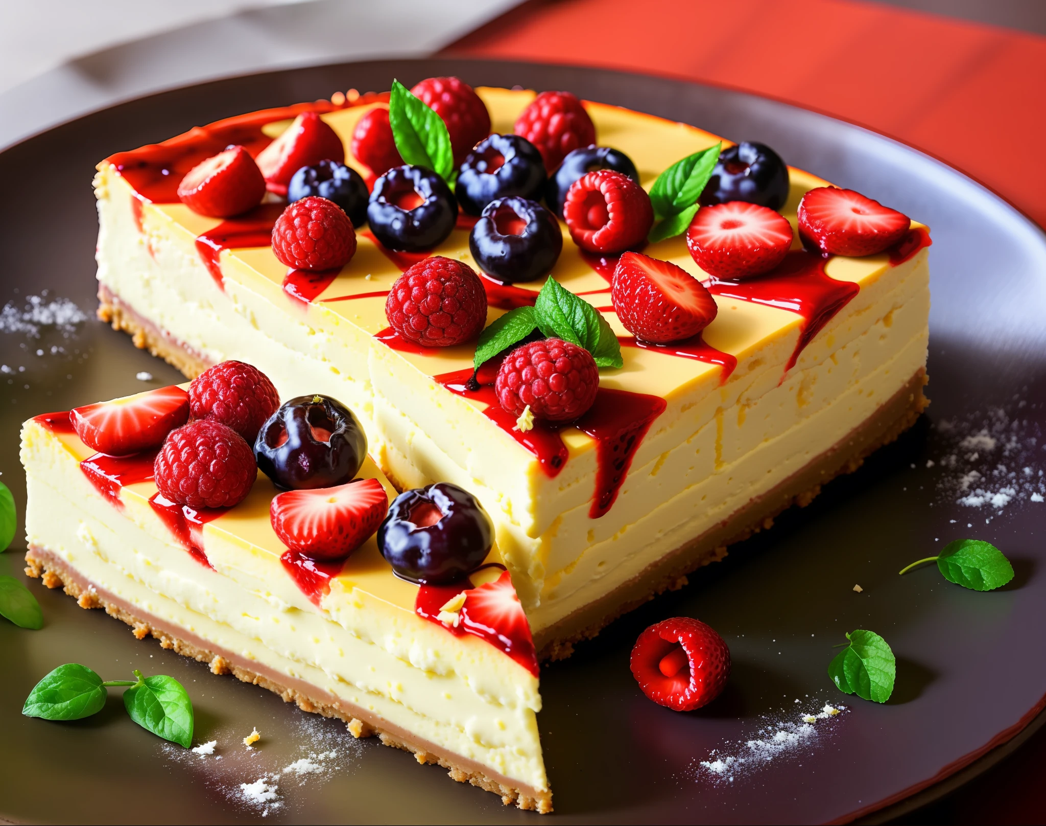 Culinary Photography, delicious cheesecake, red fruits, mouthwatering, close - up, vibrant colors, natural lighting, appetizing mood, indoor setting, 30mm wide - angle lens