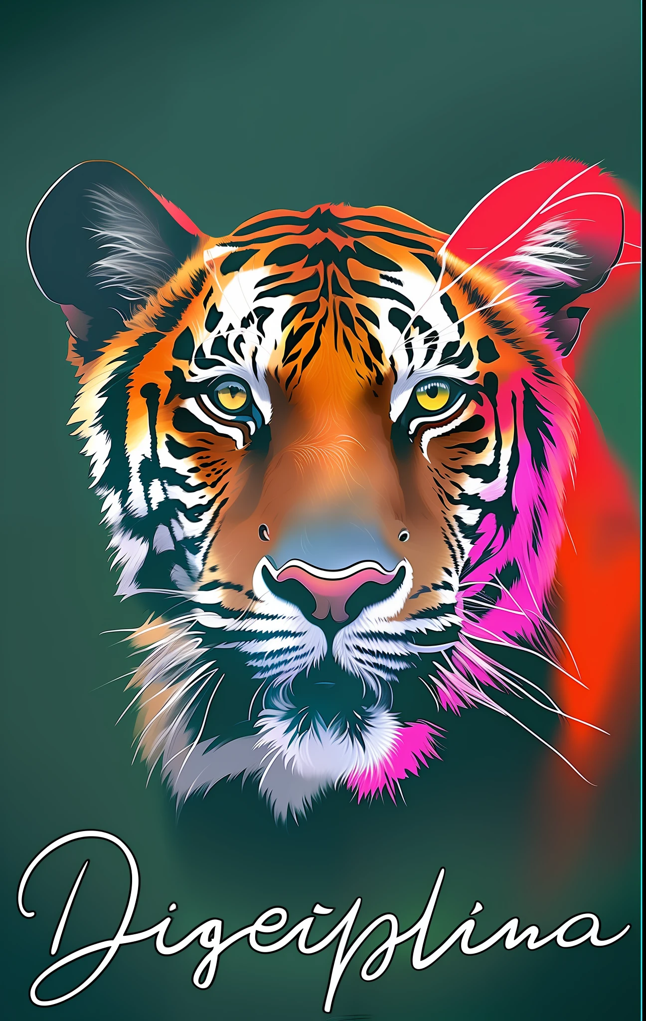 painting of a tiger with a red nose and a green background, animal photo of digital art, ((tiger)), tiger face, tiger head, in digital painting style, tiger, digital oil painting airbrush, painted in high resolution, digital airbrush art, digital airbrush painting, painted digital painting, vibrant digital painting, tiger_beast, pink details, pinker details