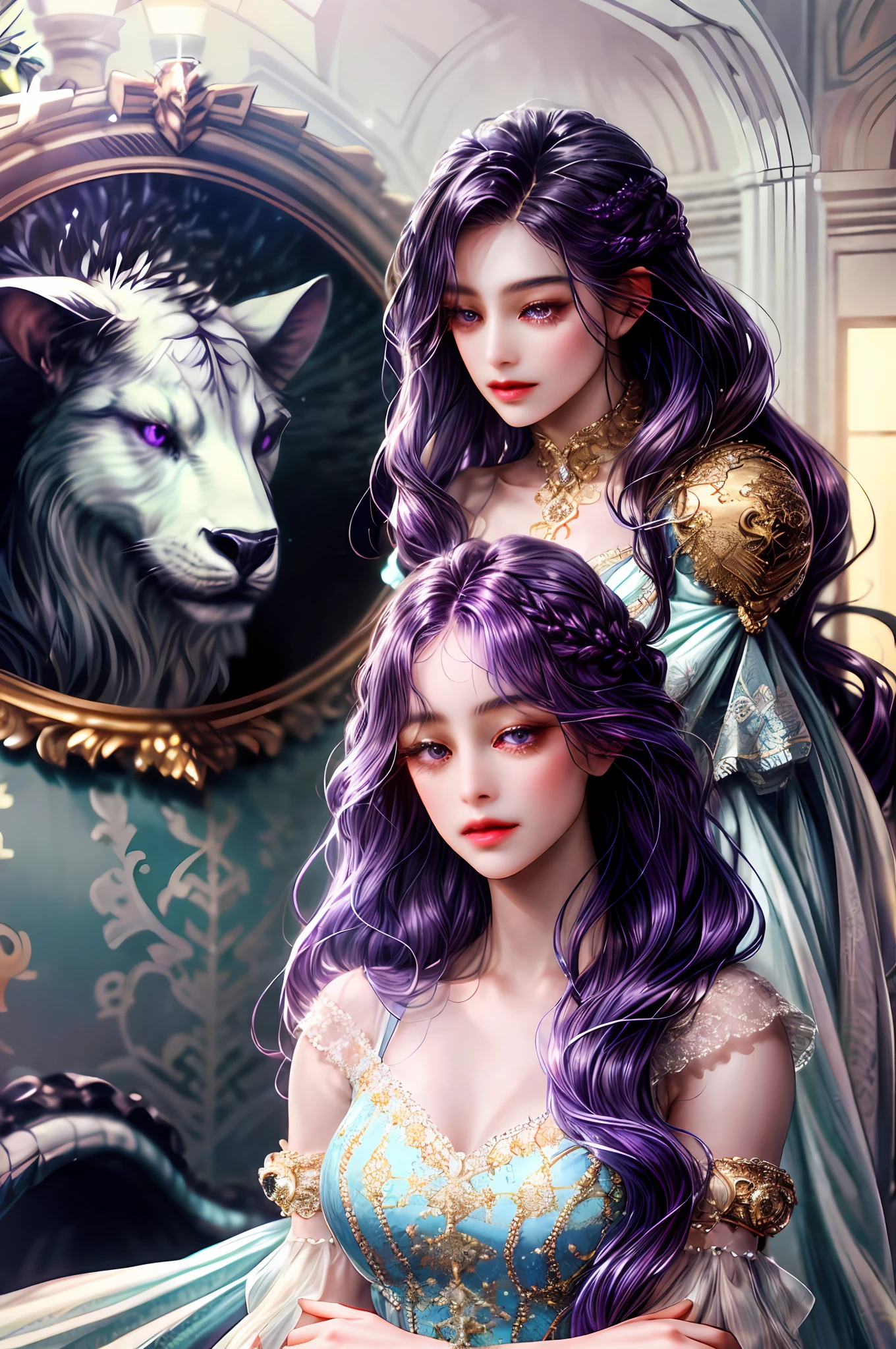 ( High quality , ultra detailed to hand )Zodiac sign-scorpio goddess , similar to latin goodness , cute but sexy and brave face , Emotional, determined, inquisitive, industrious style . Pure . deep purple hair , long wavy hair , crystal purple eyes , elegant dress , in the ballroom with partner , height difference , whole body ,