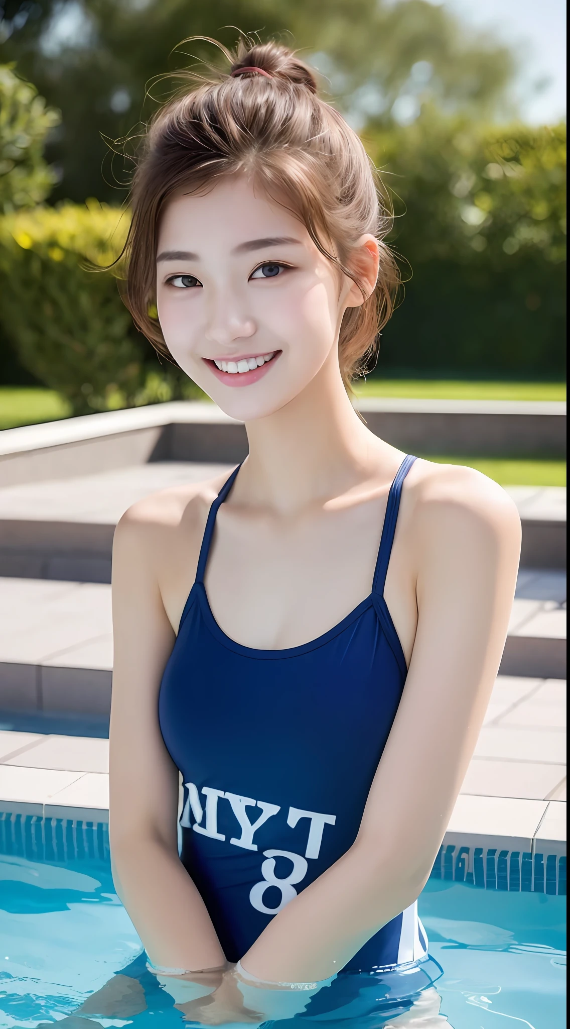 ((Best Quality, 8K, Masterpiece: 1.3)), 1girl, Slender Beauty: 1.3, (Casual hairstyle, Upper body: 1.2), Swimming, Strap swimsuit: 1.1, Super fine face, Fine eyes, Double eyelids, smile, In the pool