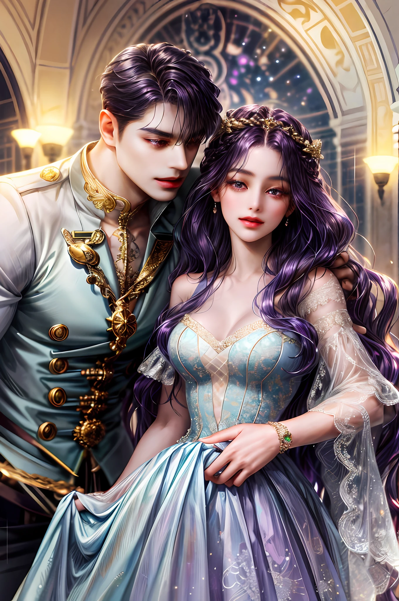 ( High quality , ultra detailed to hand )Zodiac sign-scorpio goddess , similar to latin goodness , cute but sexy and brave face , Emotional, determined, inquisitive, industrious style . Pure . deep purple hair , long wavy hair , crystal purple eyes , elegant dress , in the ballroom with partner , height difference , partner has black hair. whole body ,