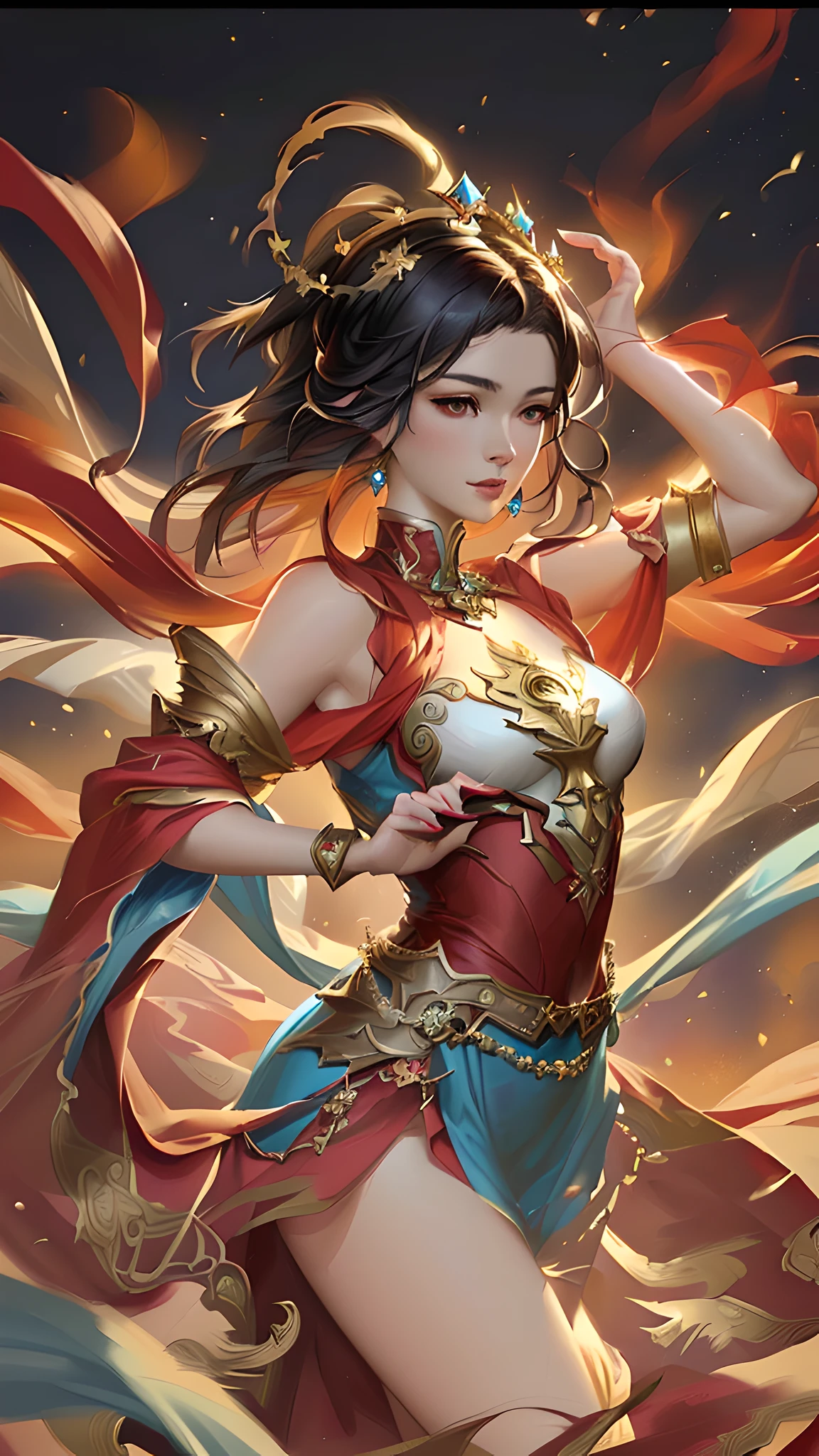 a woman in a red and blue dress with a gold belt, artgerm and ruan jia, beautiful character painting, a beautiful fantasy empress, style of artgerm, extremely detailed artgerm, inspired by Lan Ying, artgerm detailed, alphonse mucha and rossdraws, ruan jia and artgerm, artgerm style
