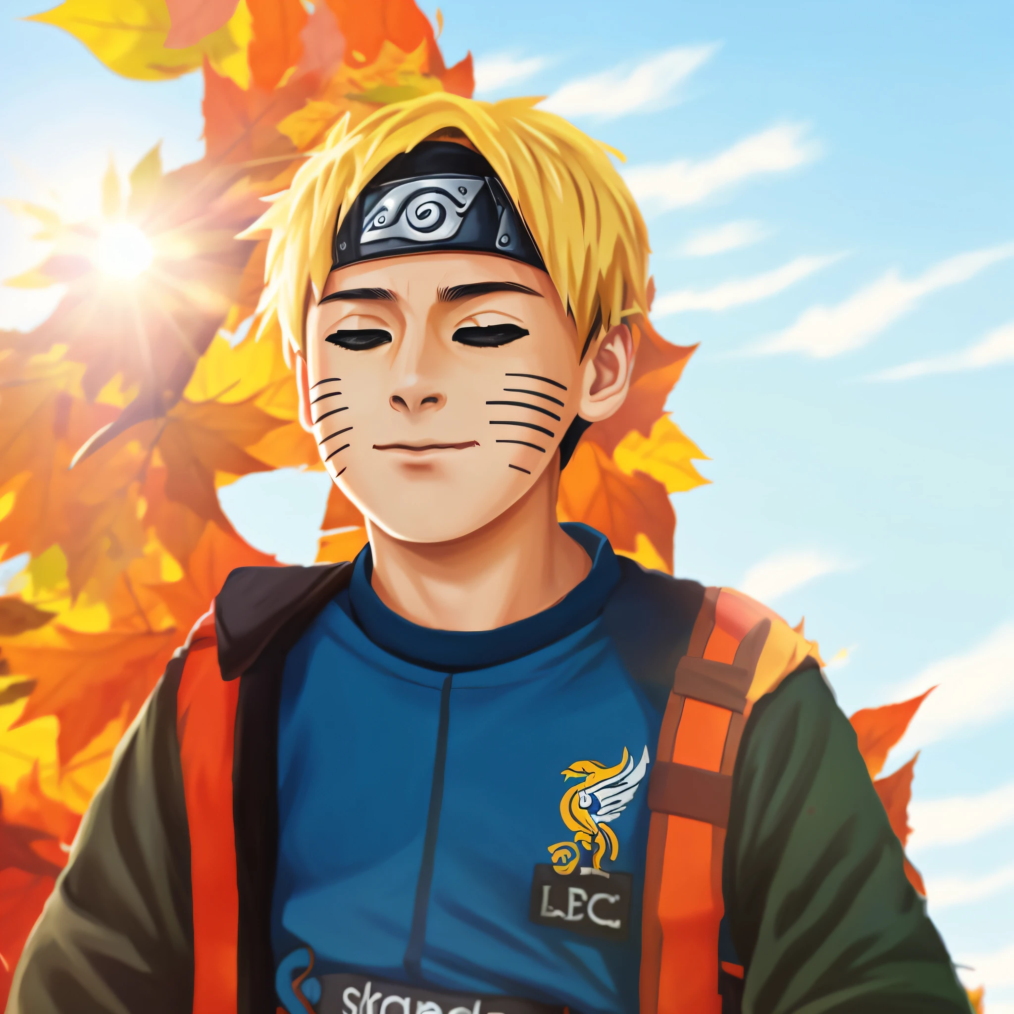 realistic style, 1 boy solo, (naruto), warm weather, vivid colors, magnificent blue sky, windblown leaves