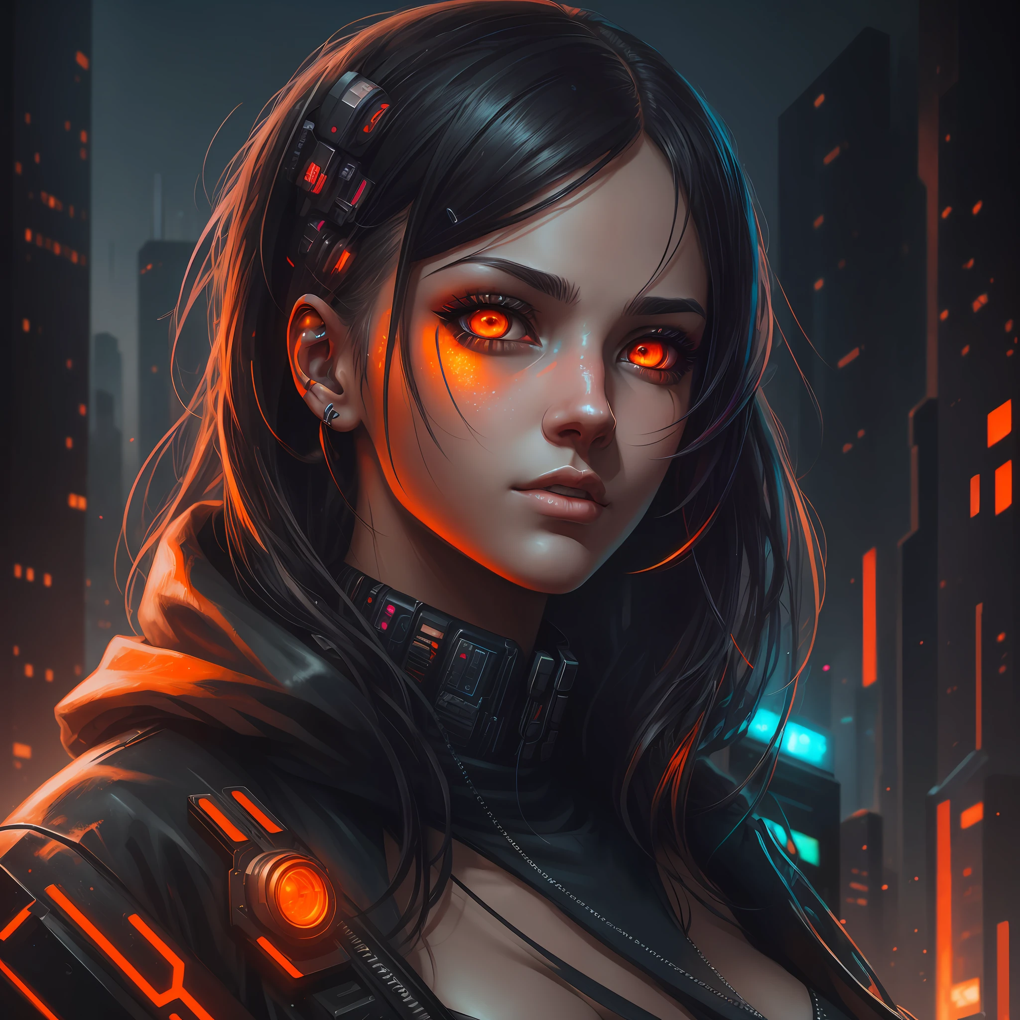 A detailed portrait of a cyberpunk girl with orange eyes, dark city background digital art, realistic painting, trends in detailed artstation, ultra high definition, 8k, feelings --auto --s2