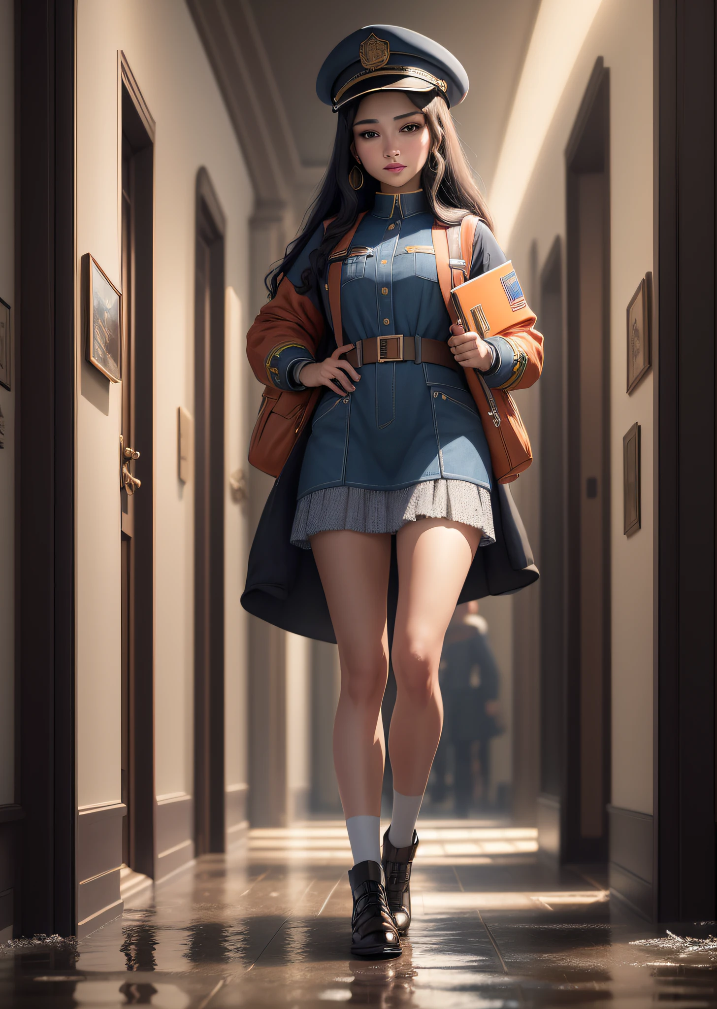 Mona Lisa dressed in Postman Uniform, Gentle Expression, Full Body Portrait, Shoes, Catwalk, Masterpiece, Highest Quality, High Quality, Highly Detailed CG Unit 8k Wallpaper, Award Winning Photo, Bokeh, Depth of Field, HDR, Flood, Chromatic Aberration, Realistic, Very Detailed, Art Station Trend, CGsociety Trend, Complex, High Detail, Dramatic, Midway Art, Volumetric Lighting