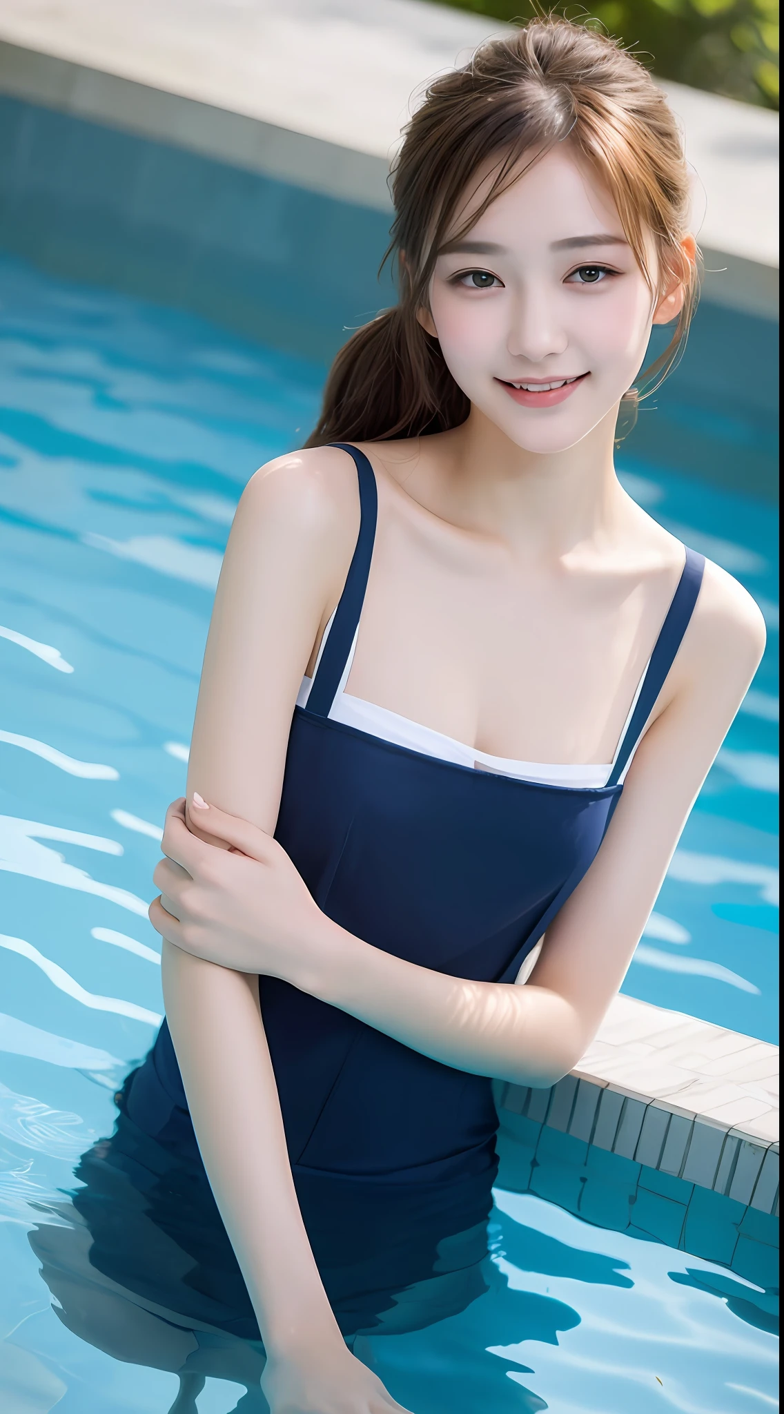 ((Best Quality, 8K, Masterpiece: 1.3)), 1girl, Slender Beauty: 1.3, (Casual hairstyle, Upper body: 1.2), Swimming, Suspenders: 1.1, Super fine face, Delicate eyes, Double eyelids, smile, in the pool