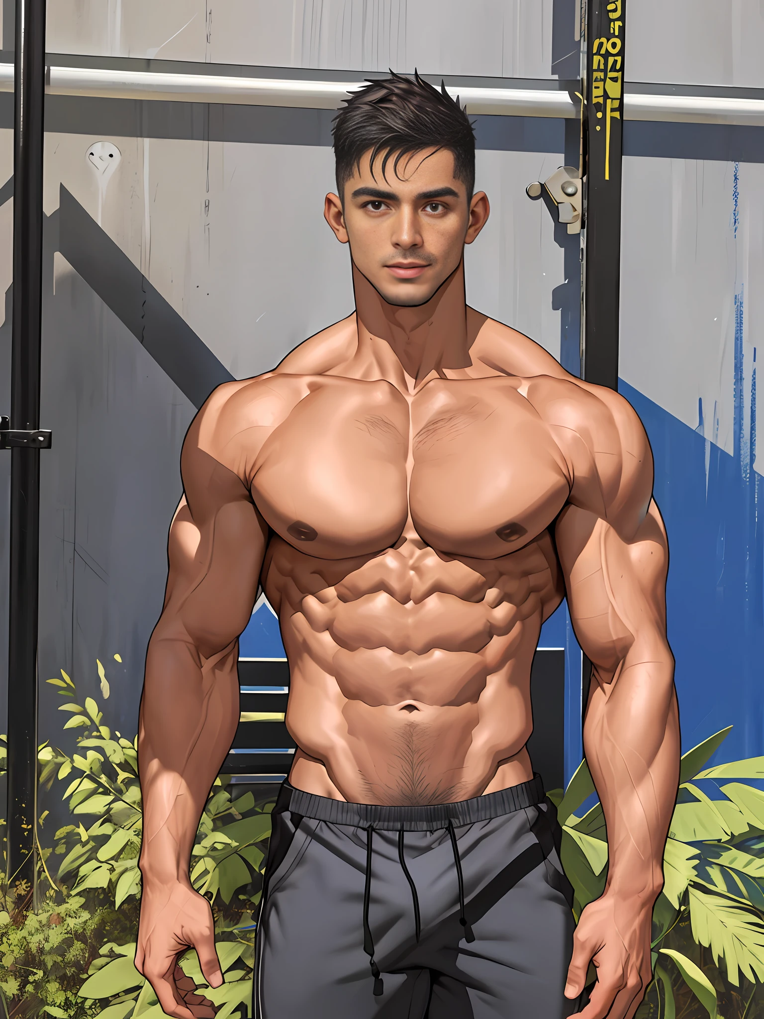 a man with no shirt on posing for a picture, mid-shot of a hunky, andrew gonzalez, sidney lugo, sam nassour, enes dirig, fit pic, caio santos, ripped, christian orrillo, fitness model, with abs, lean and muscular, six-pack, six pack, super buff and cool, strong masculine features