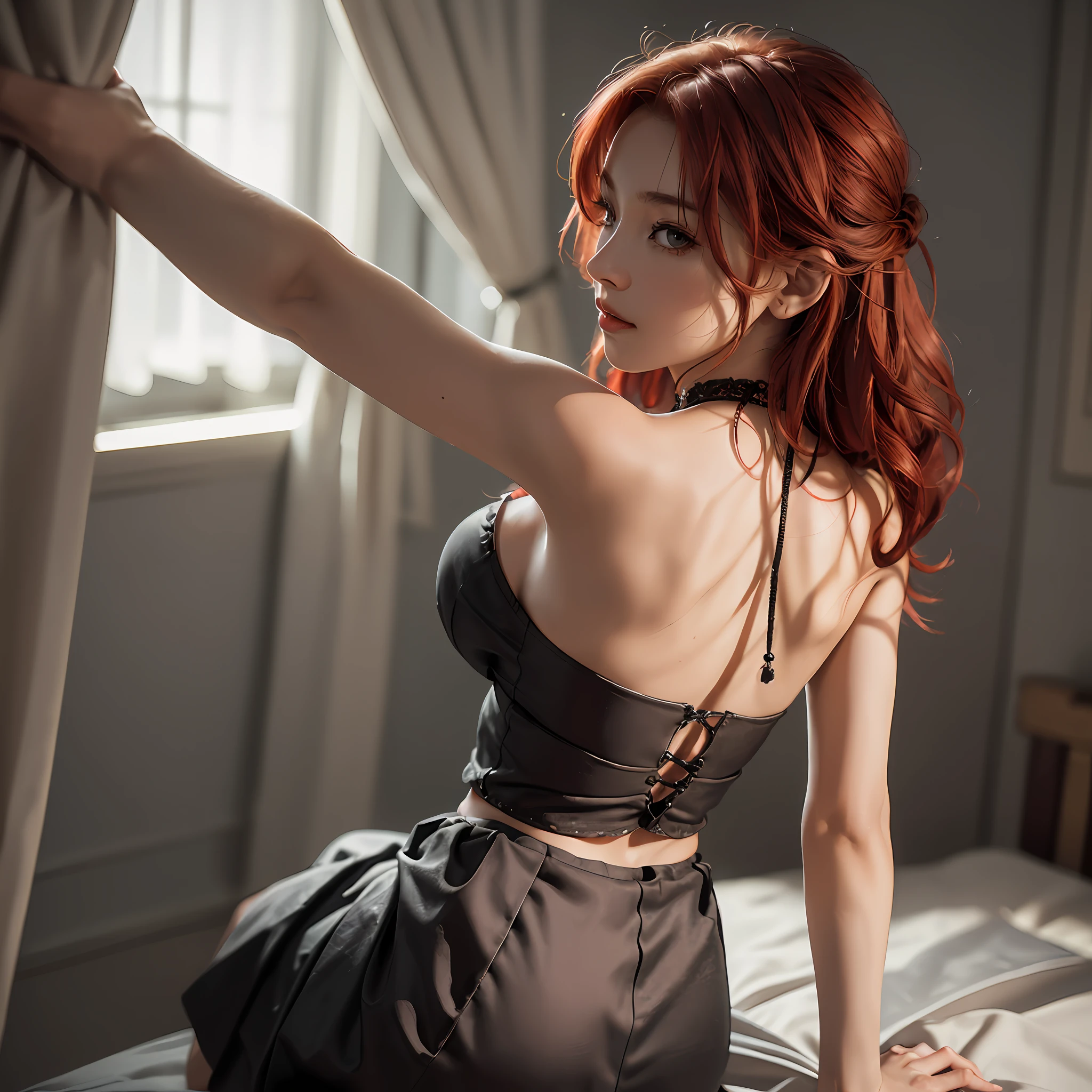 ((Realistic lighting, Best quality, 8K, Masterpiece: 1.3)), Focus: 1.2, 1girl, seated woman, curtain, seen up close, rope, Perfect body beauty, ((Seen from behind)), back, hands back, hair stuck, red hair, (1solo), bedroom, black decoration, (((bare back))), skirt,