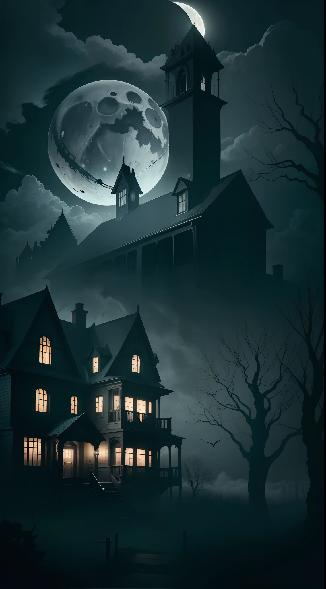 Create a terrifying and haunting image of the famous "Amityville Horror House". Highlight the iconic home with its classic architecture, ominous windows, and a somber atmosphere all around. Add a touch of mystery with a full moon in the sky and charged clouds. Use dramatic lighting and dark colors to create an atmosphere of terror. Encourage viewers to explore the horrifying events that took place in this residence, leaving everyone perplexed. Like, share and get ready for a scary experience!