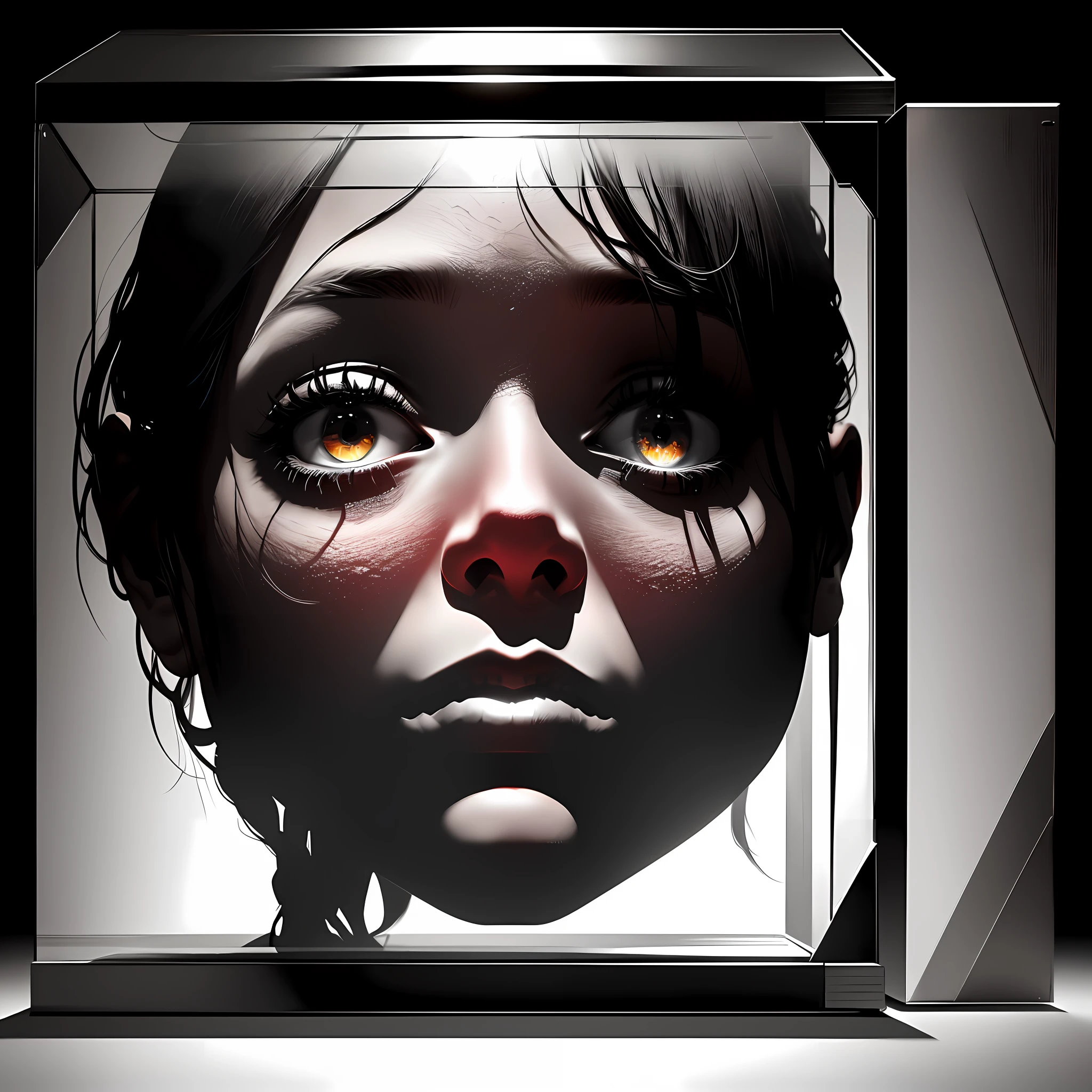 Scene:
"A suffering person, trapped in a transparent box"
Features:
(In high contrast to the background. In the style of realistic digital art. A dramatic and impactful scene.)