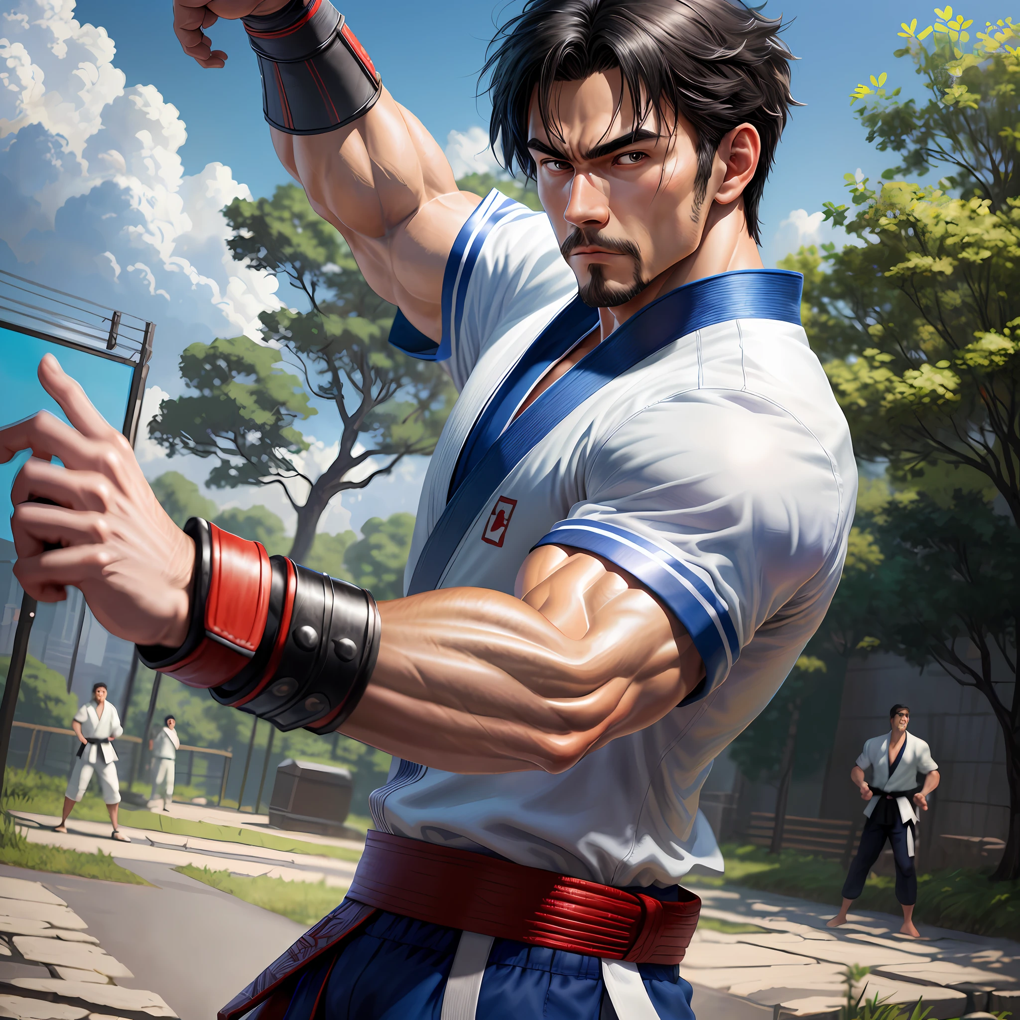best quality, masterpiece, super high resolution, detailed background, realism, illustrations, single, 1 boy, street, muscle, volumetric lighting, depth of field, facial hair, ryu, (closed fists raised above head and jumped), white clothes, black belt,