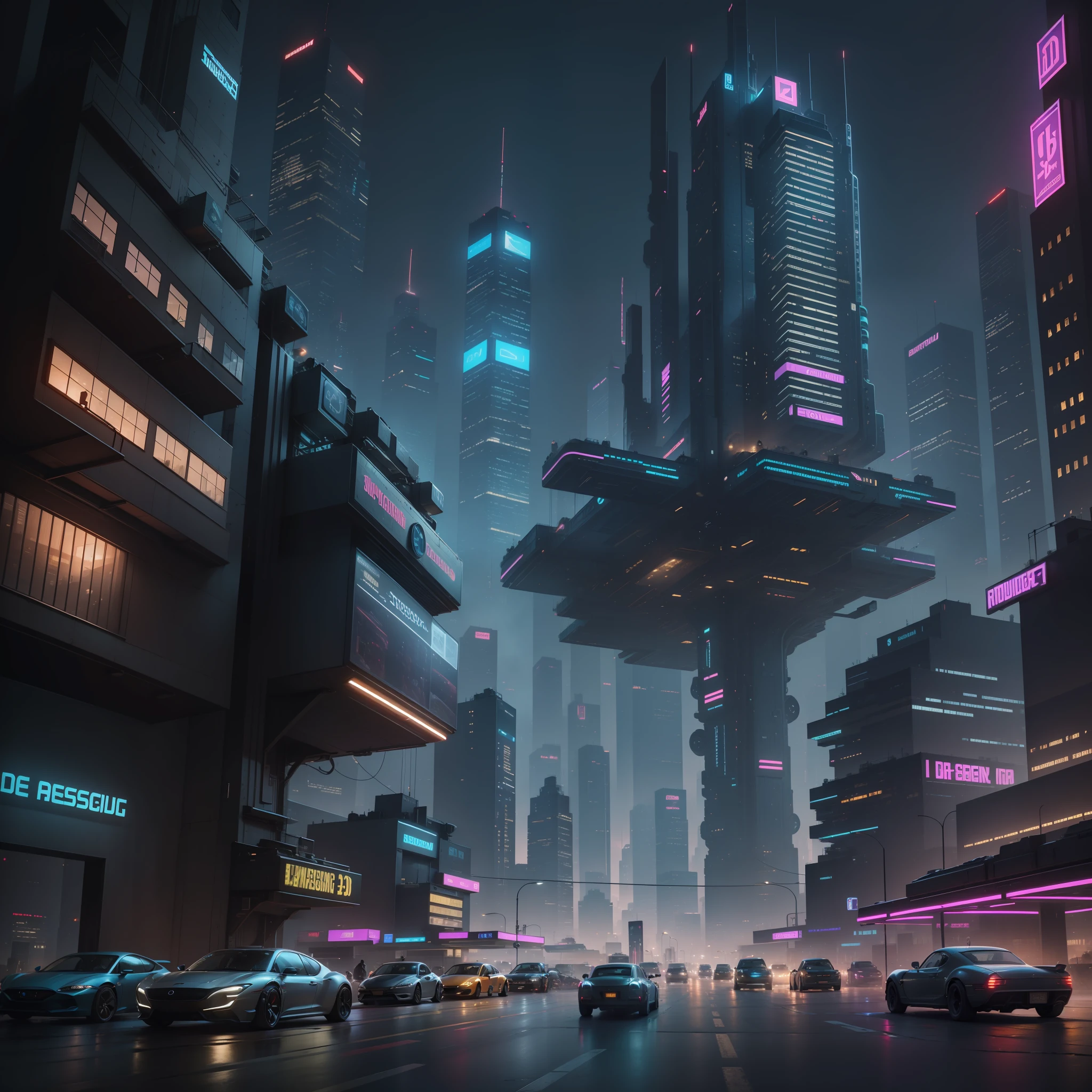 "Design a futuristic city in a nighttime urban setting with tall buildings, hanging cables, large-scale advertising, and vibrant lights. The city is full of flying cars at different heights and positions, creating movement and energy in the scene. The style is cyberpunk with futuristic elements that blend the old and the new, with retro features added to give it a vintage look. The viewpoint is from above, allowing a panoramic view of the city with many details and textures. The buildings and cars are highly detailed and the resolution is 8k to capture all the details and nuances of the lights and shadows."