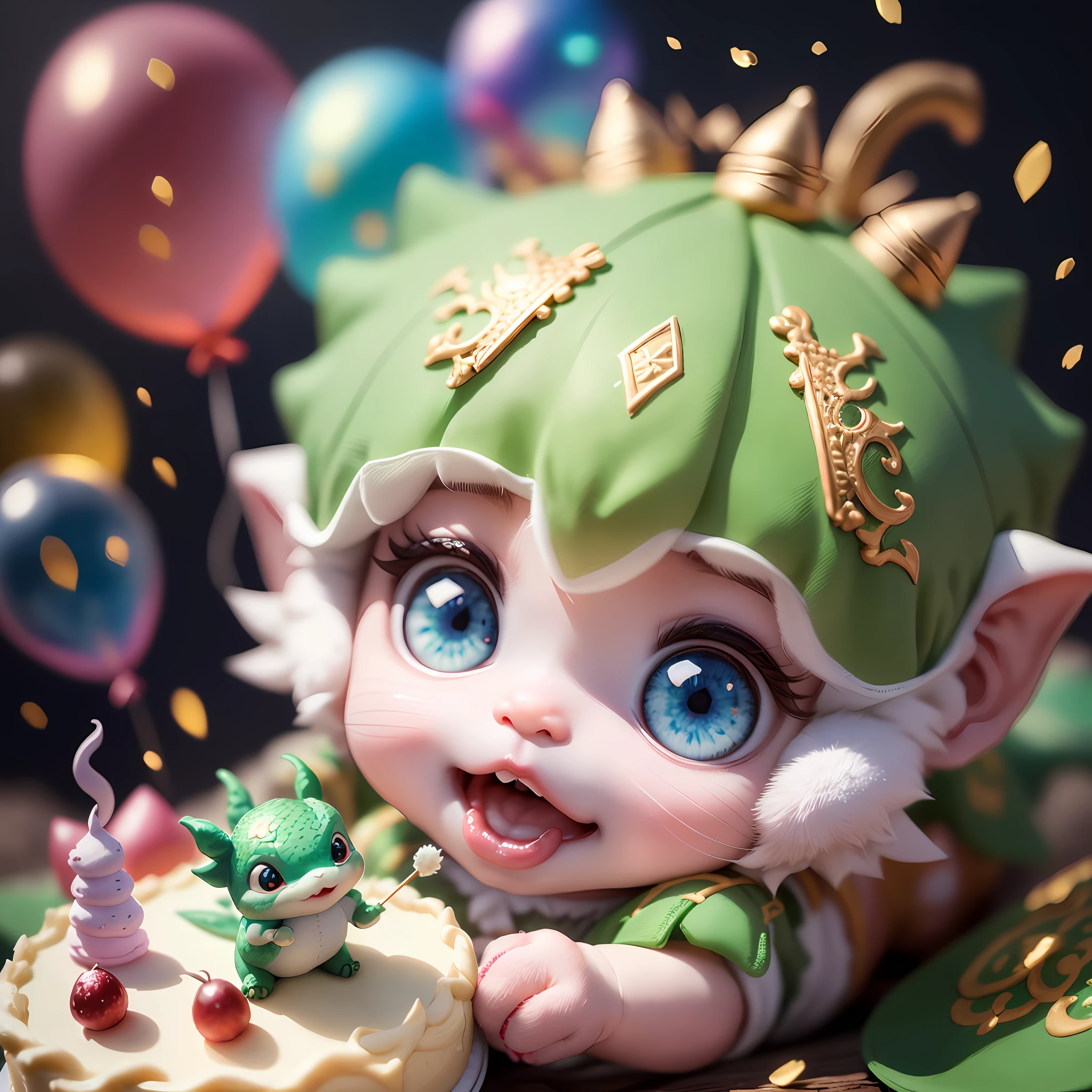 A cute baby dragon with lots of good food in front of it, good food, birthday cake, lots of balloons, happy, happy, perfect quality, clear focus (mess - house: 0.8), (masterpiece: 1.2) (Realistic: 1.2) (Bokeh) (Best quality) (Detailed Skin: 1.3) (Intricate Details) (8K) (Eye Detail) (Sharp Focus), (Happy)