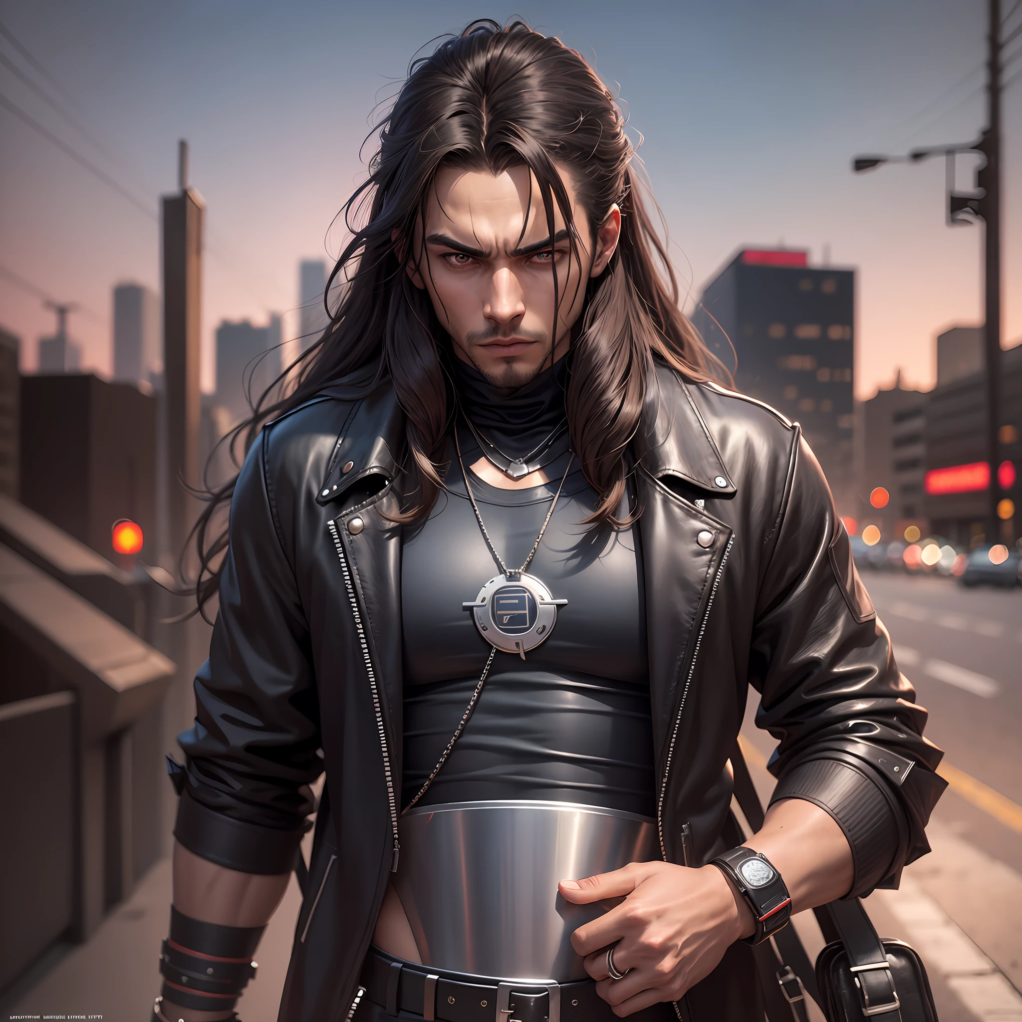 "Please use artificial intelligence to create an image of a brunette man, long hair, brown eyes, African style lip, with a brown backpack on his back, with leather detail. He is wearing a torn gray blouse, has an athletic body and is wearing red pants. On his feet, he wears white Nike sneakers in blue. At dusk, on the road,blade style vampire hunter cinema,8k in ultra definition resolution I wish he was looking in spectator mode, with a frightened and distressed expression. Please create the image as detailed and realistic as possible." --auto --s2