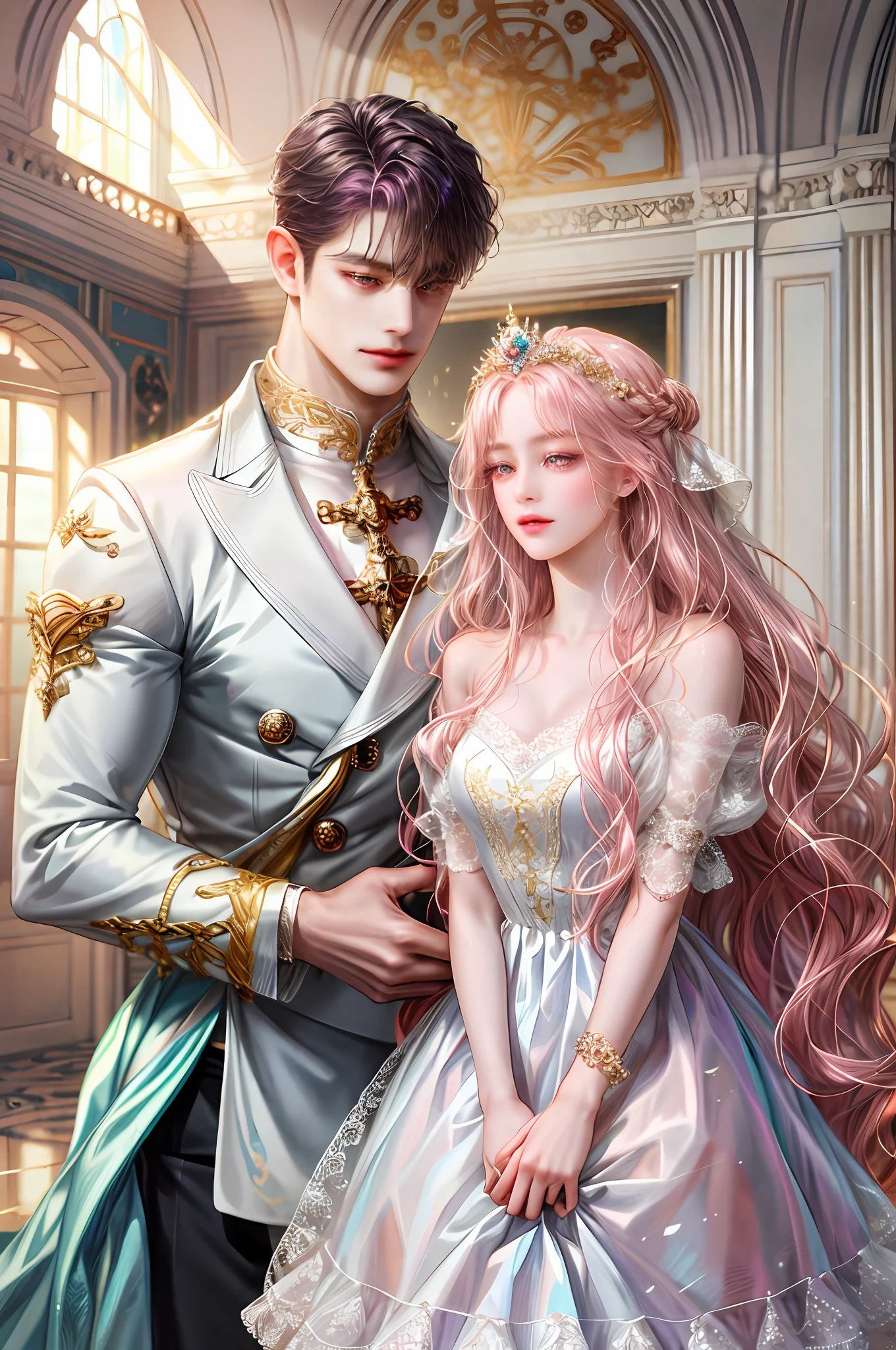 ( High quality , ultra detailed, careful with hand )Zodiac - Pisces goddess , similar to latin goodness .  Sensible, placid, easygoing warm-hearted face . Dreamy, obsessive, restless, lack of self-confidence. style . Dark pink eyes (eyes detail) , light pink hair , long wavy hair, transparent dress , in the ballroom with partner . Height difference . Partner has blonde hair , whole body , light make up look .