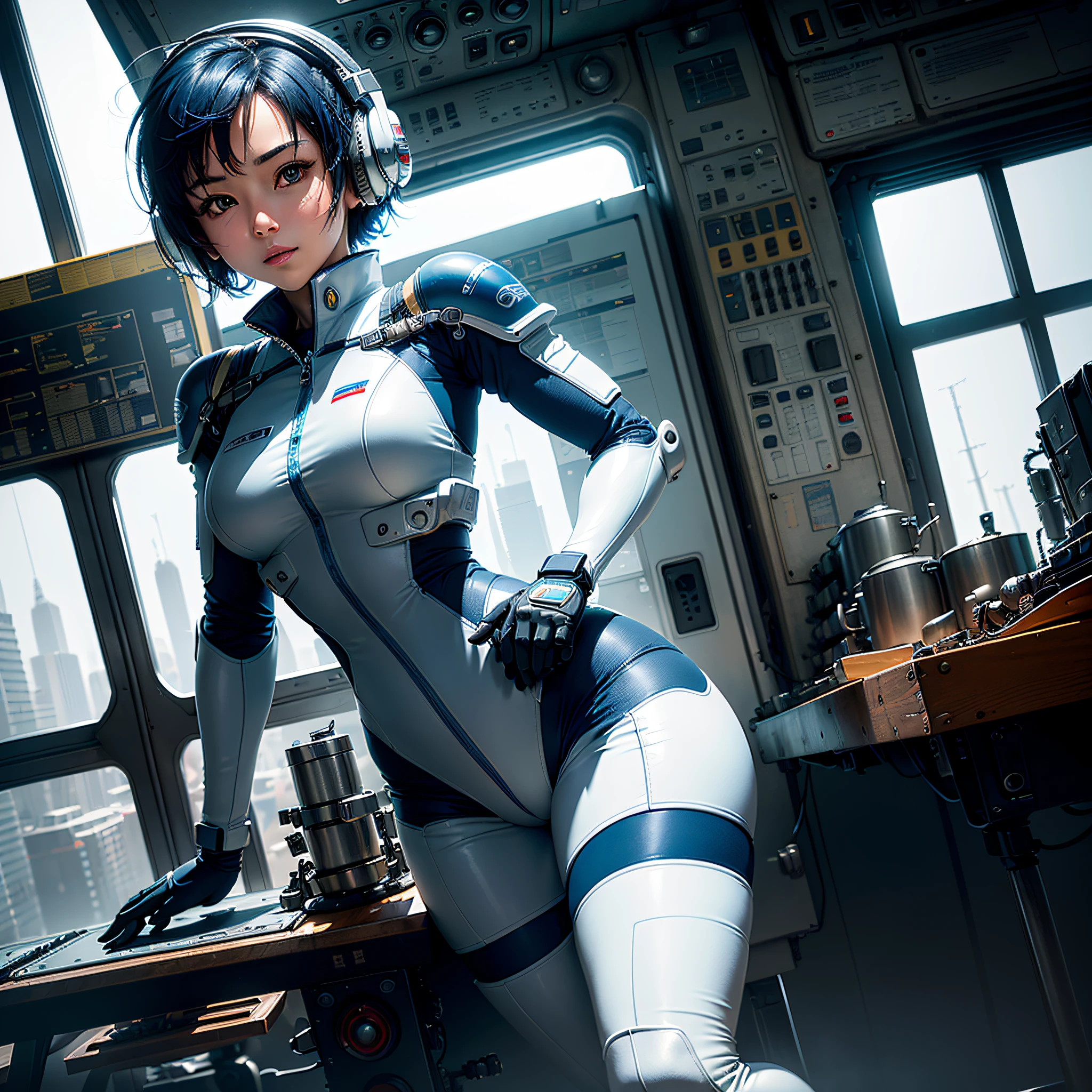 (masterpiece, highest quality, highest resolution, distinct_image, very elaborate CG, cinematic lighting, ray tracing, drop shadows, detailed detail, (photorealistic: 1.4), high quality textures, fine-grained, realistic face expression): (lone girl, face is Japan, short blue hair, small size breasts, sparkling eyes, Eye level shots, white and blue color flight suits, tight-fitting clothes, clothes that cover the whole body, light smile, beauty, slim body, exoskeleton, heroine, headset, long boots, gloves, control panels, tools, safety devices, radar equipment, touch panels, various indicators, control sticks, levers, computer keyboard, warning lights, fuel gauges, pressure gauges, control towers outside the window, Robot cockpit, large lever, foot access pedal, brake pedal)