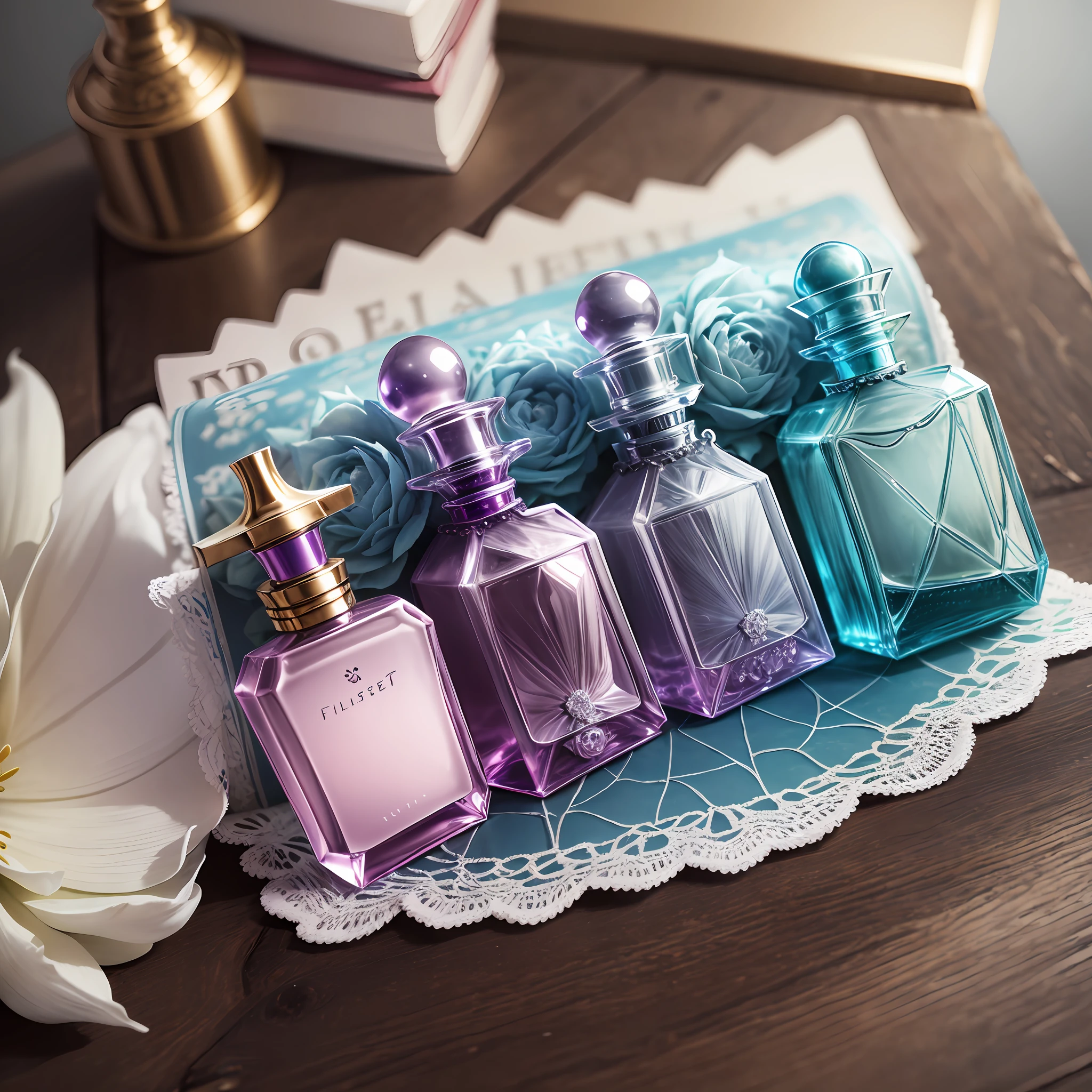 design a perfume bottle, inspired by a misty florest. --auto --s2