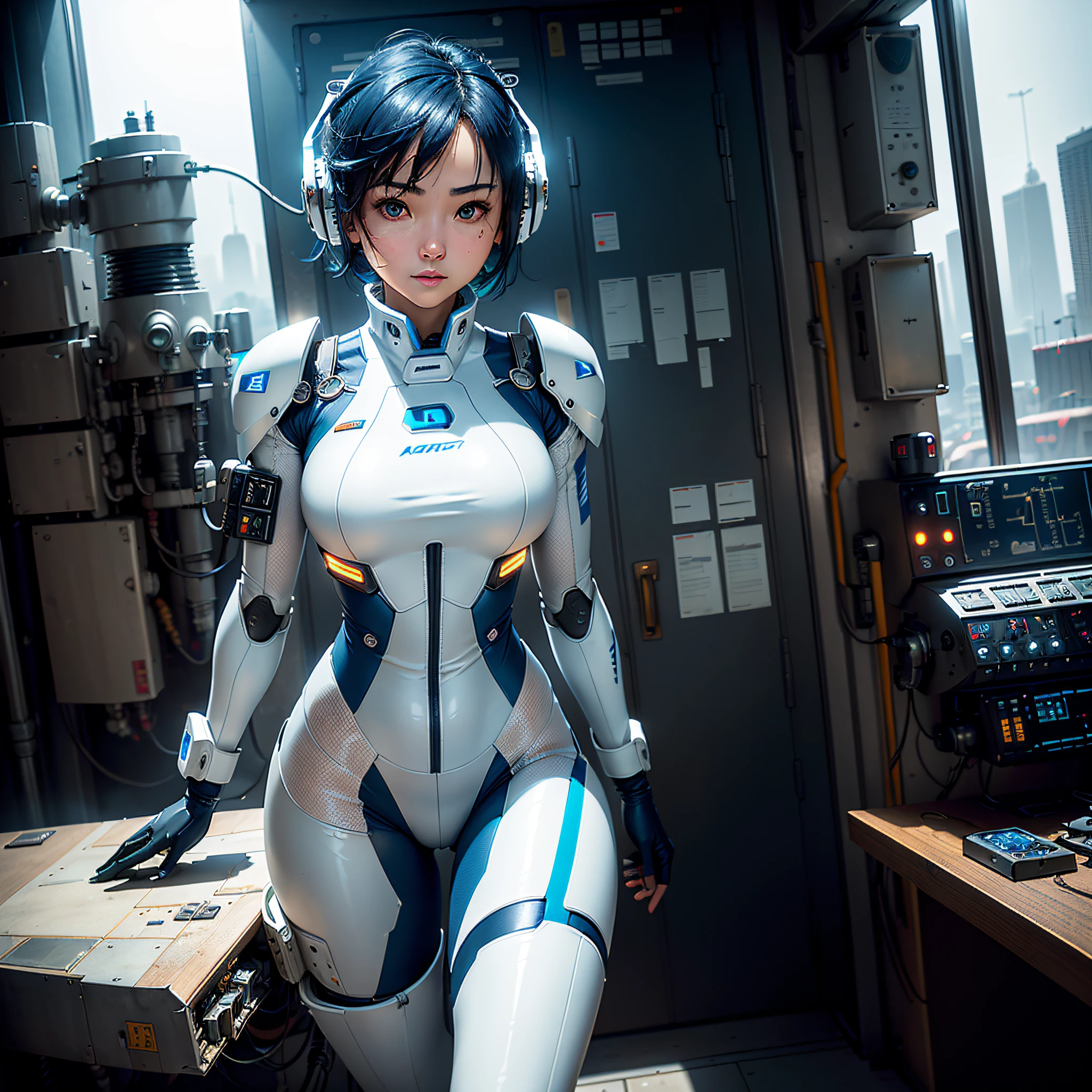 (masterpiece, highest quality, highest resolution, distinct_image, very elaborate CG, cinematic lighting, ray tracing, drop shadows, detailed detail, (photorealistic: 1.4), high quality textures, fine-grained, realistic face expression): (lone girl, face is Japan, short blue hair, small size breasts, sparkling eyes, Eye level shots, white and blue color flight suits, tight-fitting clothes, clothes that cover the whole body, light smile, beauty, slim body, exoskeleton, heroine, headset, long boots, gloves, control panels, tools, safety devices, radar equipment, touch panels, various indicators, control sticks, levers, computer keyboard, warning lights, fuel gauges, pressure gauges, control towers outside the window, Robot cockpit, large lever, foot access pedal, brake pedal)