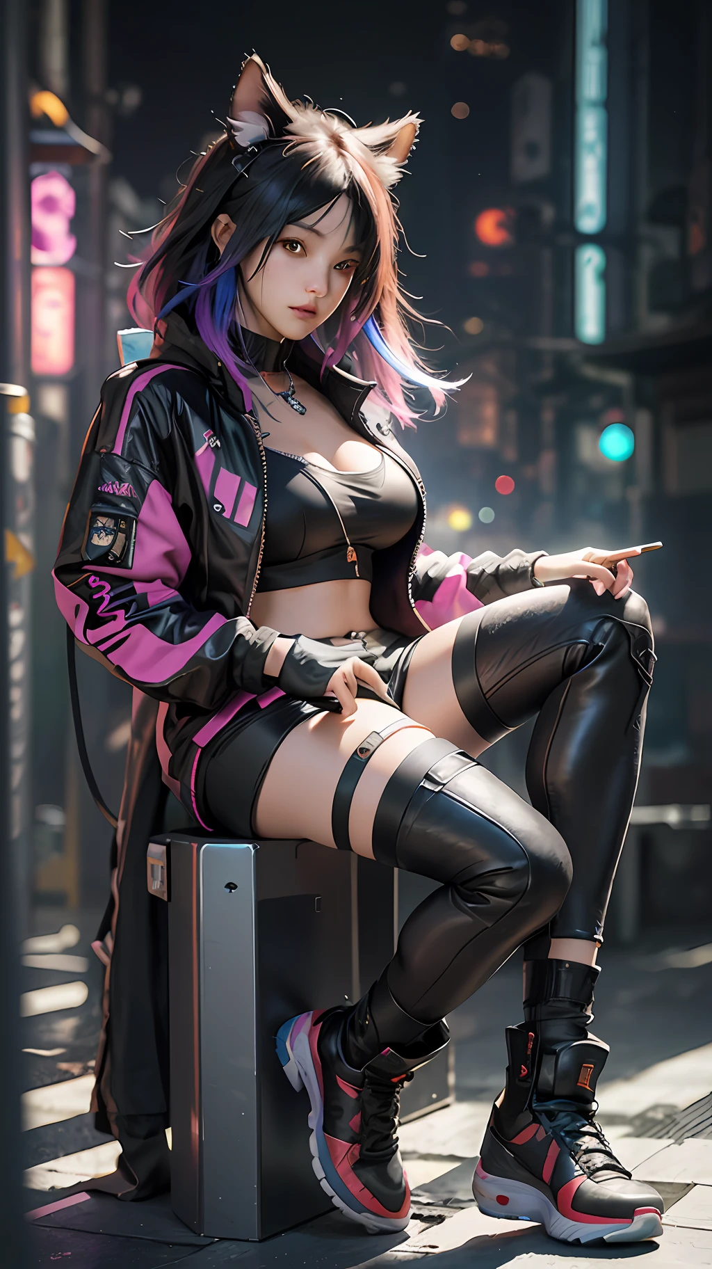 Beautiful photorealistic full body photograph of beautiful nekomata catgirl wearing tech jacket and assorted cyberpunk clothing and paraphernalia, colorful cyberpunk hairstyle, huge breasts, dynamic pose, cyberpunk street background, perfect ratio proportions, abstract beauty, approaching perfection, pure form, concept art, by Brian Froud and Carne Griffiths and Wadim Kashin and John William Waterhouse, intricate details, 8k post production, high resolution, hyperdetailed, trending on artstation, sharp focus, studio photo, intricate details, highly detailed, by greg rutkowski