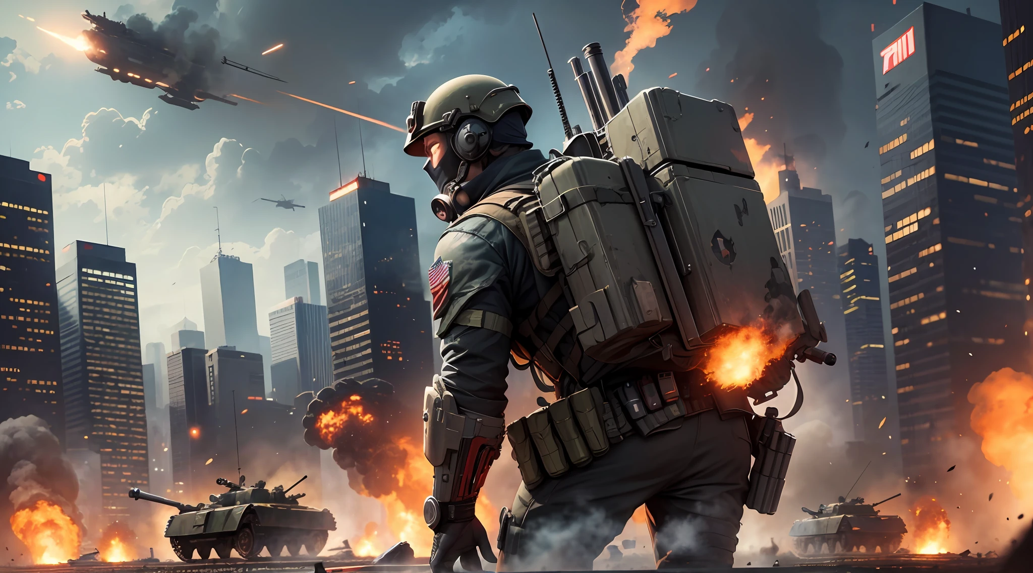 (masterpiece:1.2), (best quality:1.3), ultra-realistic (best quality, camouflage uniform, sniper soldier in vision from the character's perspective), 4k fullscreen, tanks, wreckage, burning city (zombie OR monster OR creature OR mutation)