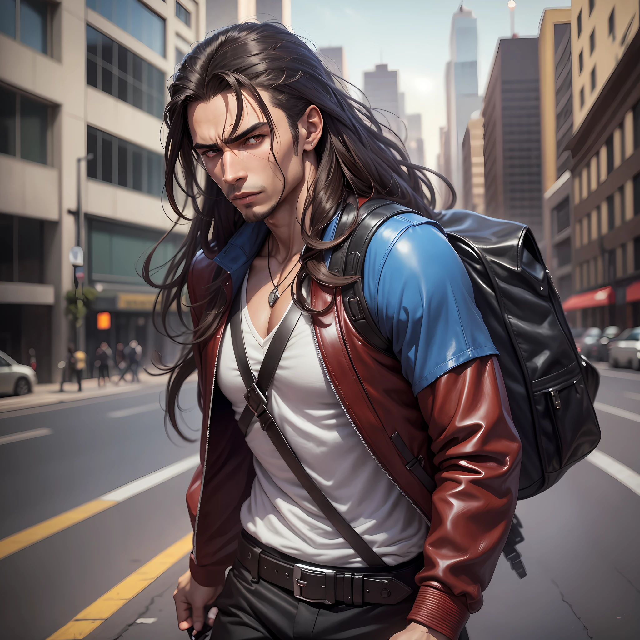 "Please use artificial intelligence to create an image of a brunette man, long hair, brown eyes, African style lip, with a brown backpack on his back, with leather detail. He is wearing a torn gray blouse, has an athletic body and is wearing red pants. On his feet, he wears white Nike sneakers in blue. At dusk, on the road,blade style vampire hunter cinema,8k in ultra definition resolution I wish he was looking in spectator mode, with a frightened and distressed expression. Please create the image as detailed and realistic as possible." --auto --s2