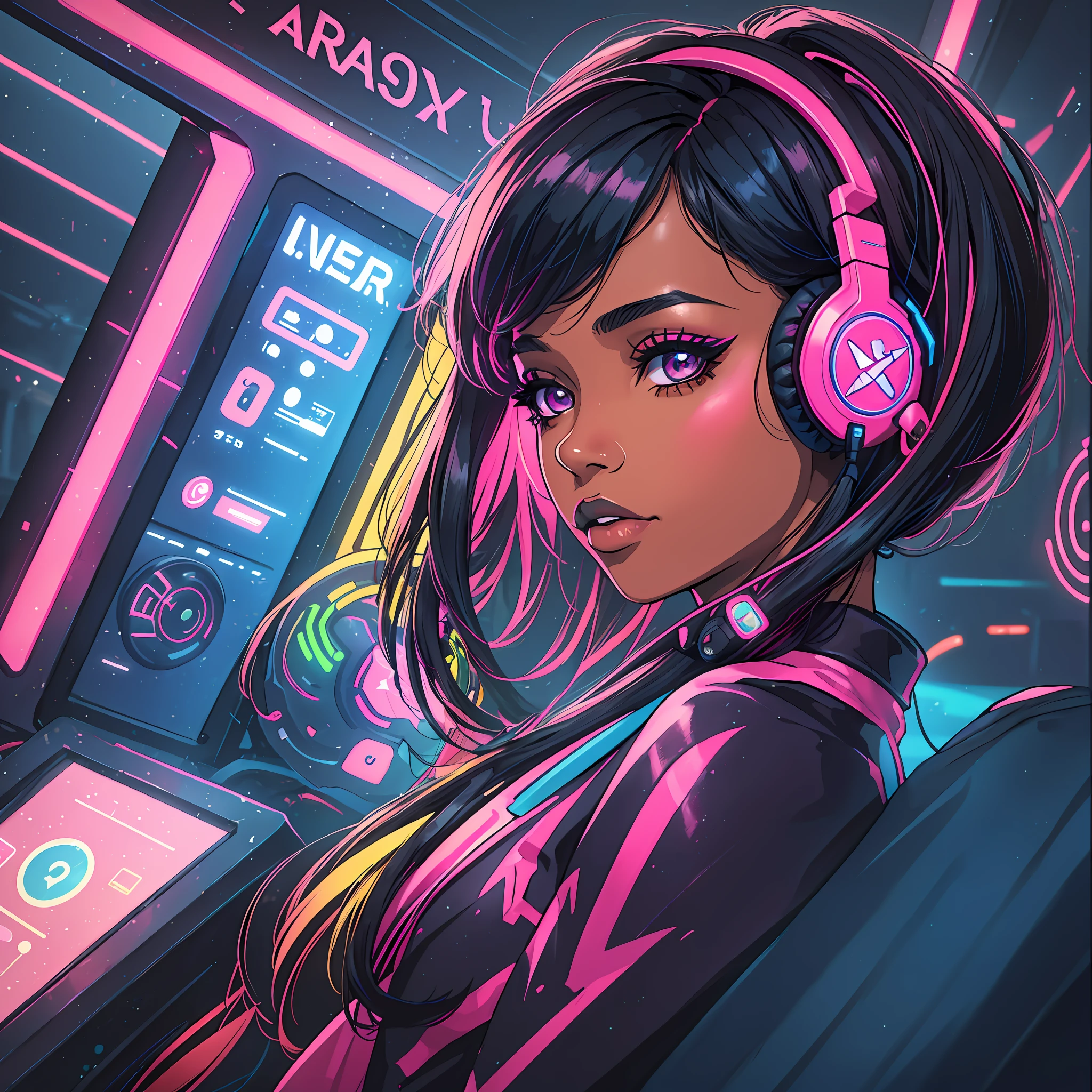 (a young woman:1.2)| (a girl:1.1), dark skin, portrait, makeup, super detailed, gamer style, headset, arcade, neon, direct look, contoured.