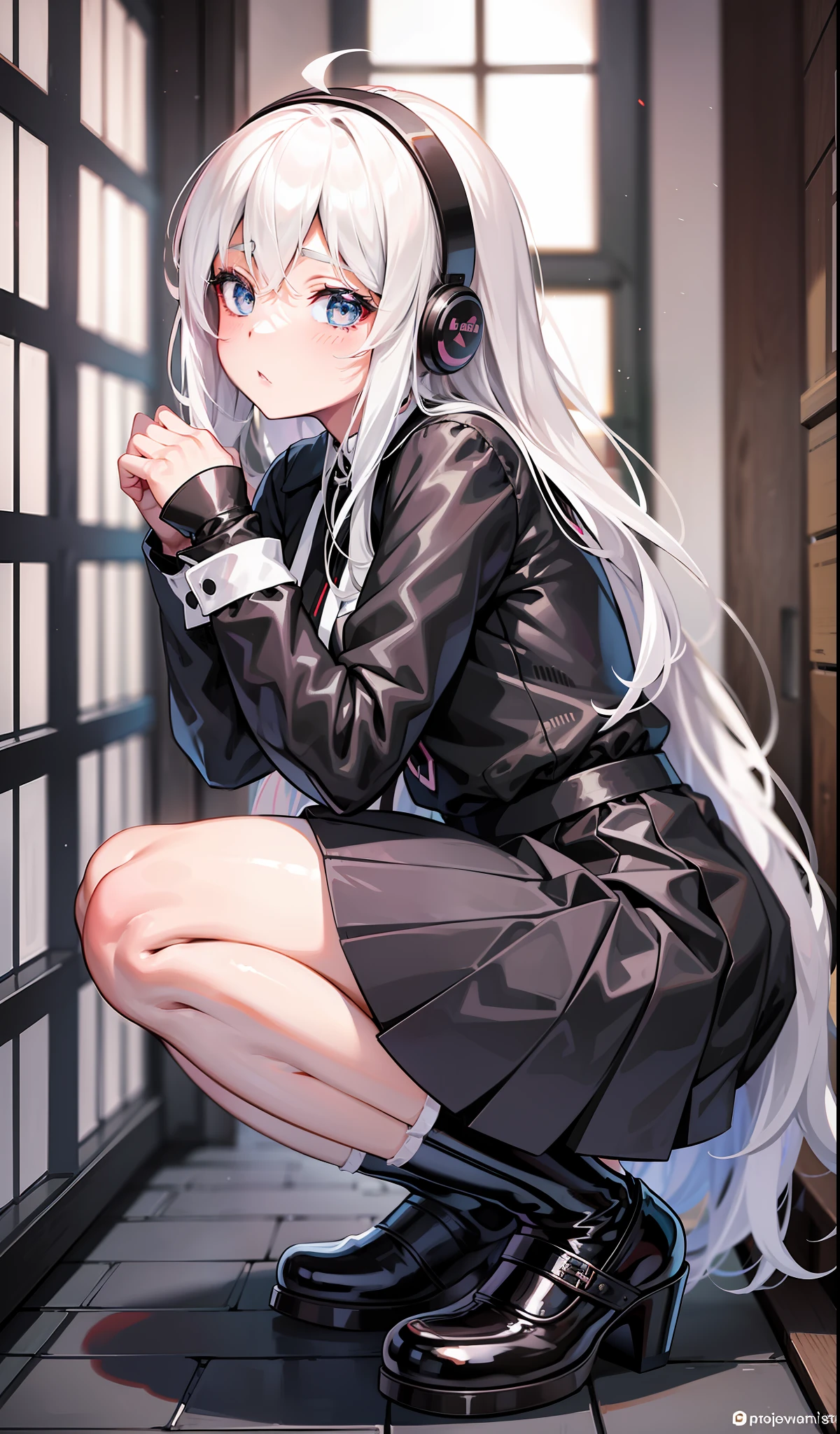 anime girl with white hair and stockings holding a large black object, a hyperrealistic schoolgirl, hyperrealistic schoolgirl, realistic schoolgirl, 2 b, 2b, kantai collection style, seductive anime girl, [ 4 k digital art ]!!, cute schoolgirl, the anime girl is crouching, fubuki, small curvy , shikamimi