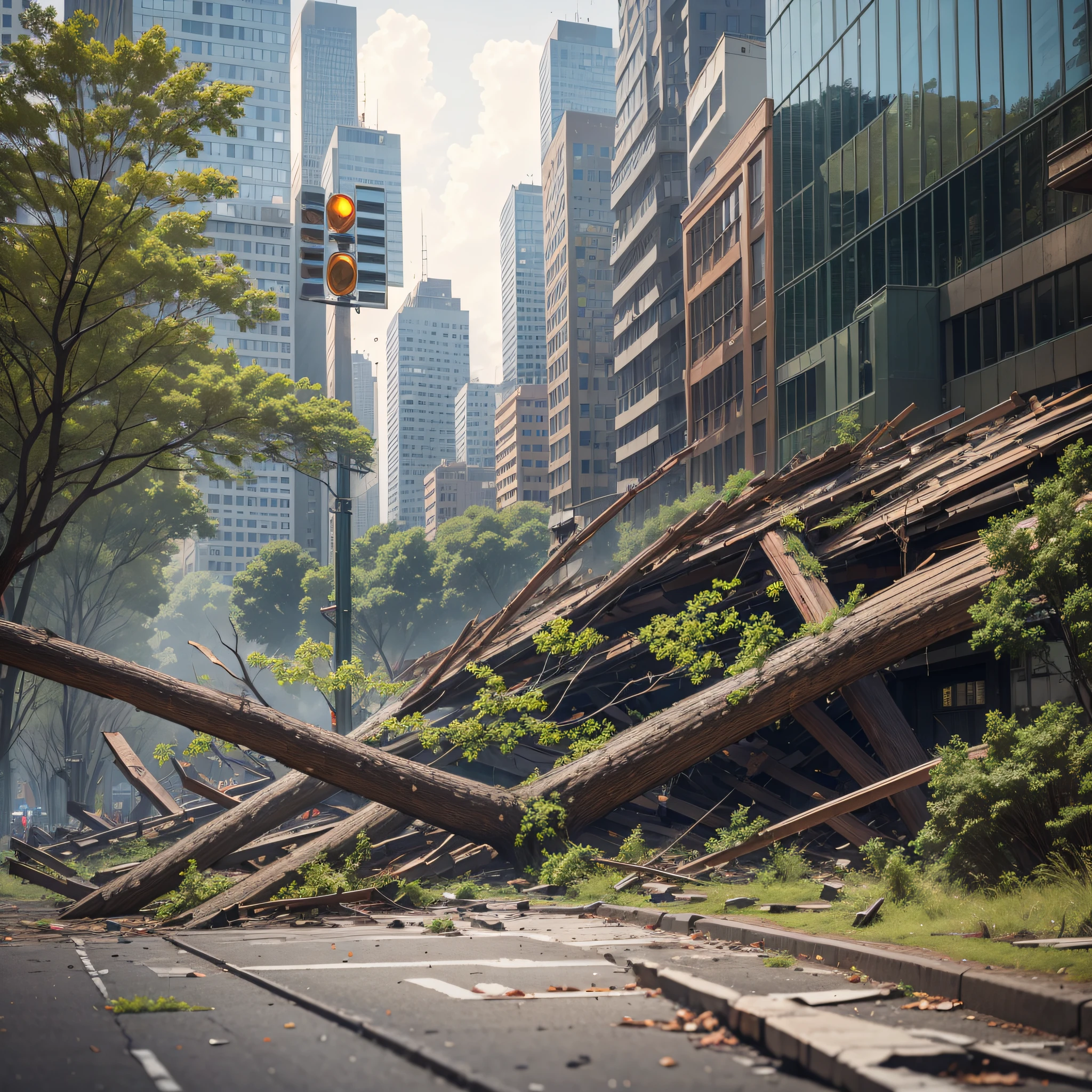 earthquake in city, realistic photo, fallen trees, cracked streets --auto --s2