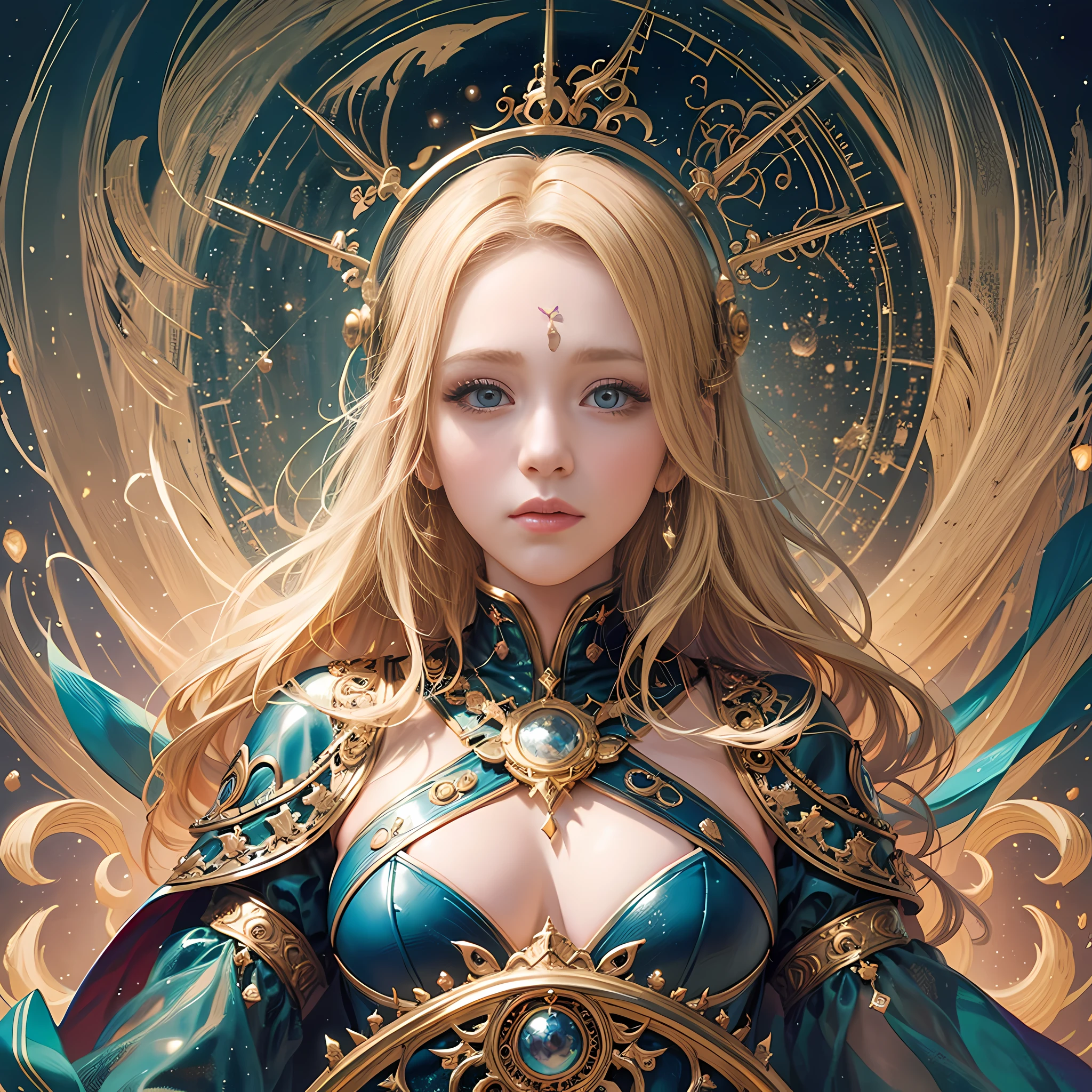 beautiful girl, blonde hair, portrait looking at the viewer in half-turns, slender body, spiral awakening, intricate details, cosmic, ethereal, mystical, complex environment, brushes, delicate shades, lighting lights, masterpiece, ultra-high resolution, high quality, Empress Tarot card