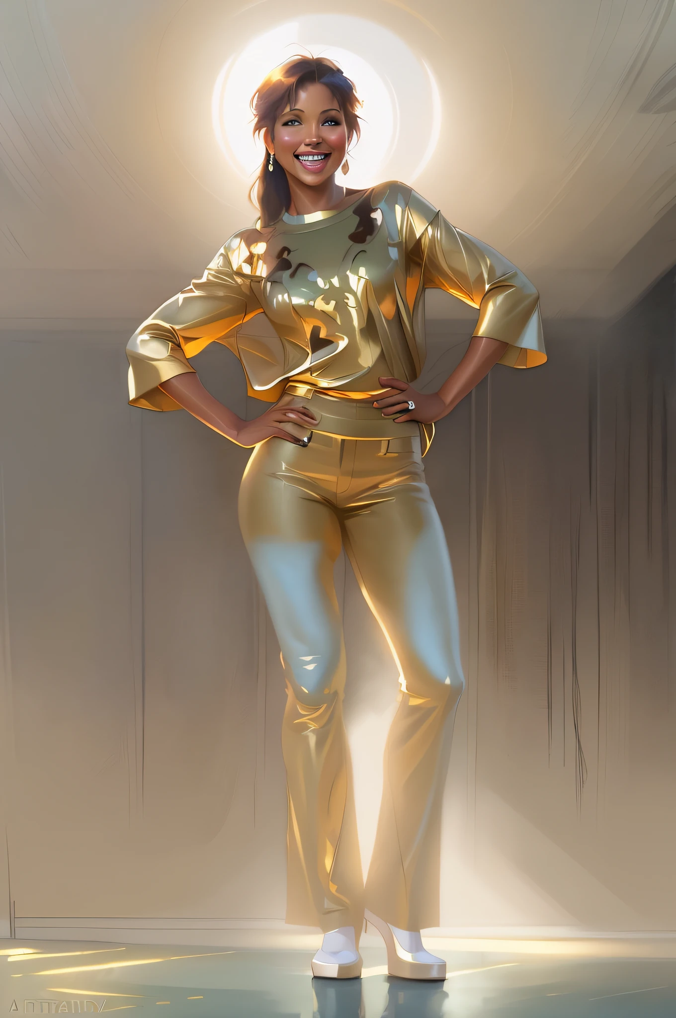 Toni Braxton laughing in a standing pose, artist studio, by artgerm and Edouard Bisson, highly detailed, art by Stanley Artgerm, Charlie Bowater, Atey Ghailan and Mike Mignola, by greg rutkowski, oil painting, heavy strokes, paint dripping, kids story book style, muted colors, watercolor style