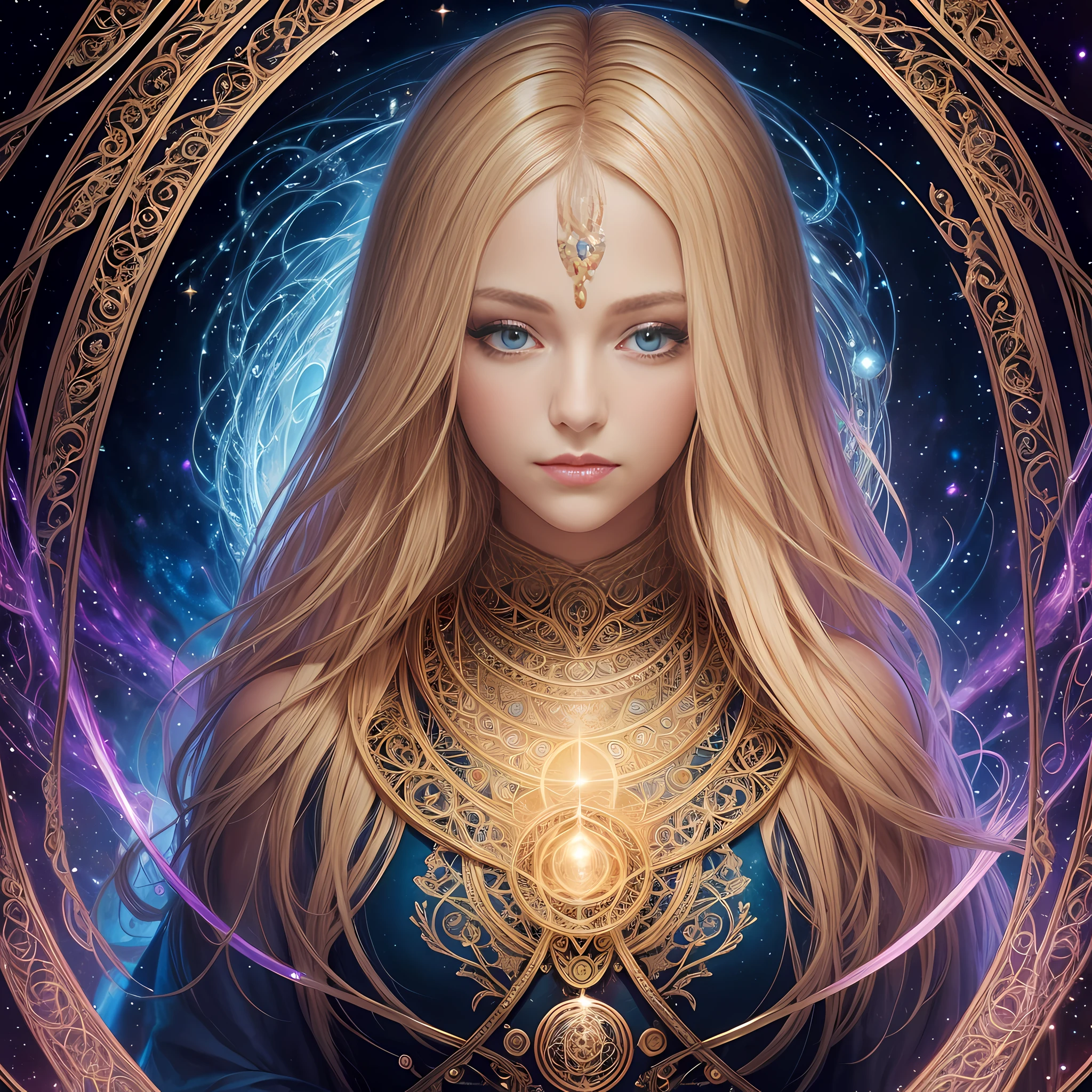 beautiful girl, blonde hair, portrait looking at the viewer in half-turns, slender body, spiral awakening, intricate details, cosmic, ethereal, mystical, complex environment, brushes, delicate shades, lighting lights, masterpiece, ultra-high resolution, high quality, Empress Tarot card