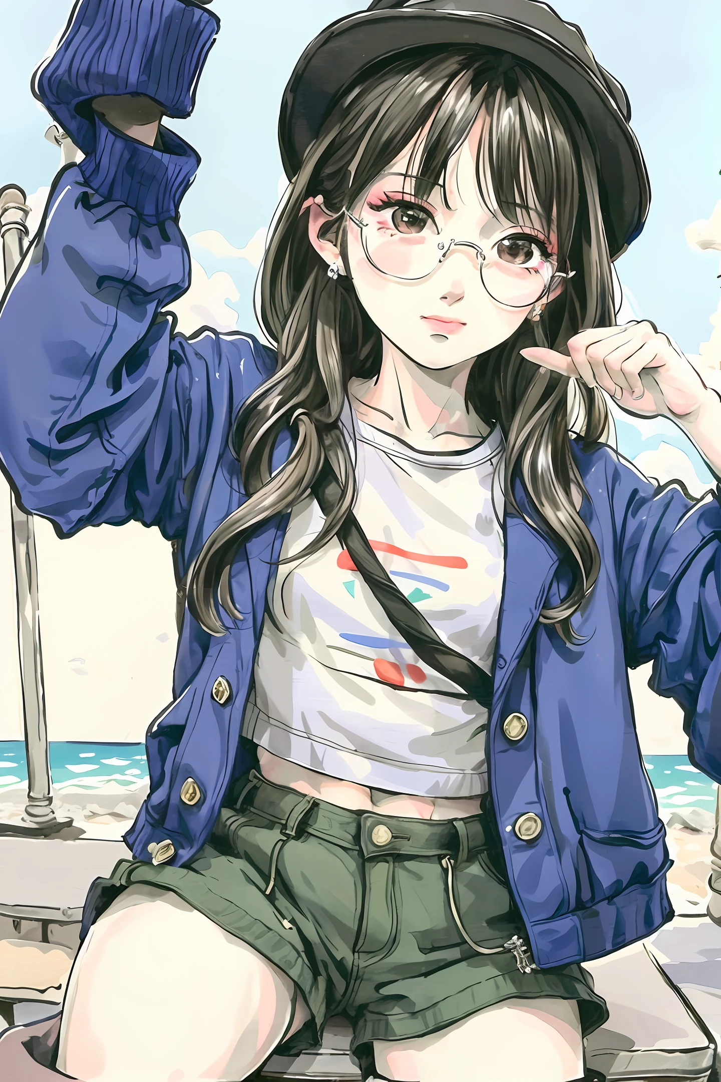 masterpiece, best_quality, 1girl, solo, fio germi, round eyewear, hat, shorts, cropped jacket,