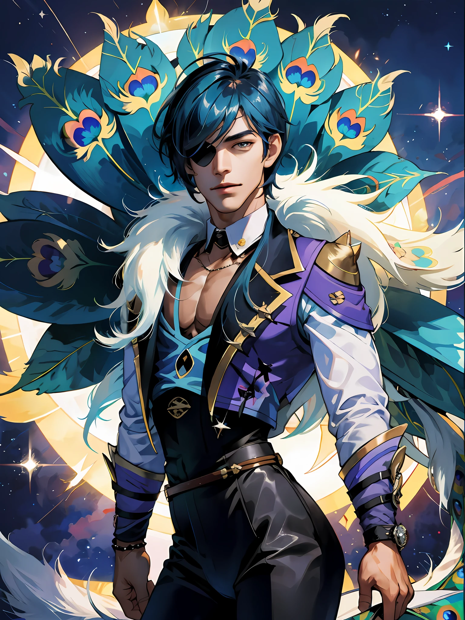 extremely delicate and beautiful, Amazing, finely detail, masterpiece, ultra-detailed, highres,best illustration, best shadow,intricate,sharp focus, high quality, 1 male solo, mature, handsome, tall muscular guy, broad shoulders, tan skin, dark skin, blue hair. eyepatch, kaeya genshin impact, peacock feathers on background, peacock feather in front of him, backlight, night sky and stars