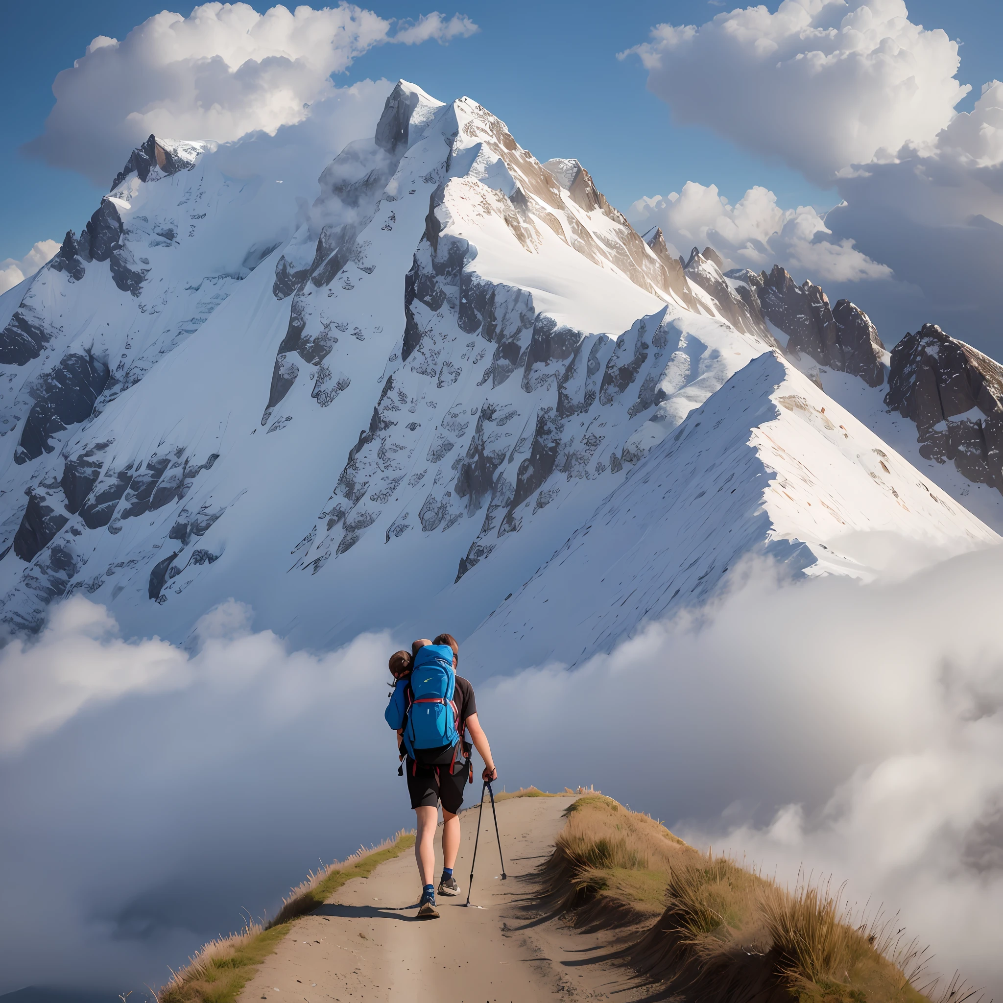Create an image of overcoming: a person climbing a steep mountain, with blue sky and white clouds in the background. The person should be carrying a heavy backpack, symbolizing the challenges and difficulties we face in the search for self-knowledge. The image should convey the idea that despite the obstacles, the journey is worth it and can lead to a state of balance and inner peace. --auto --s2