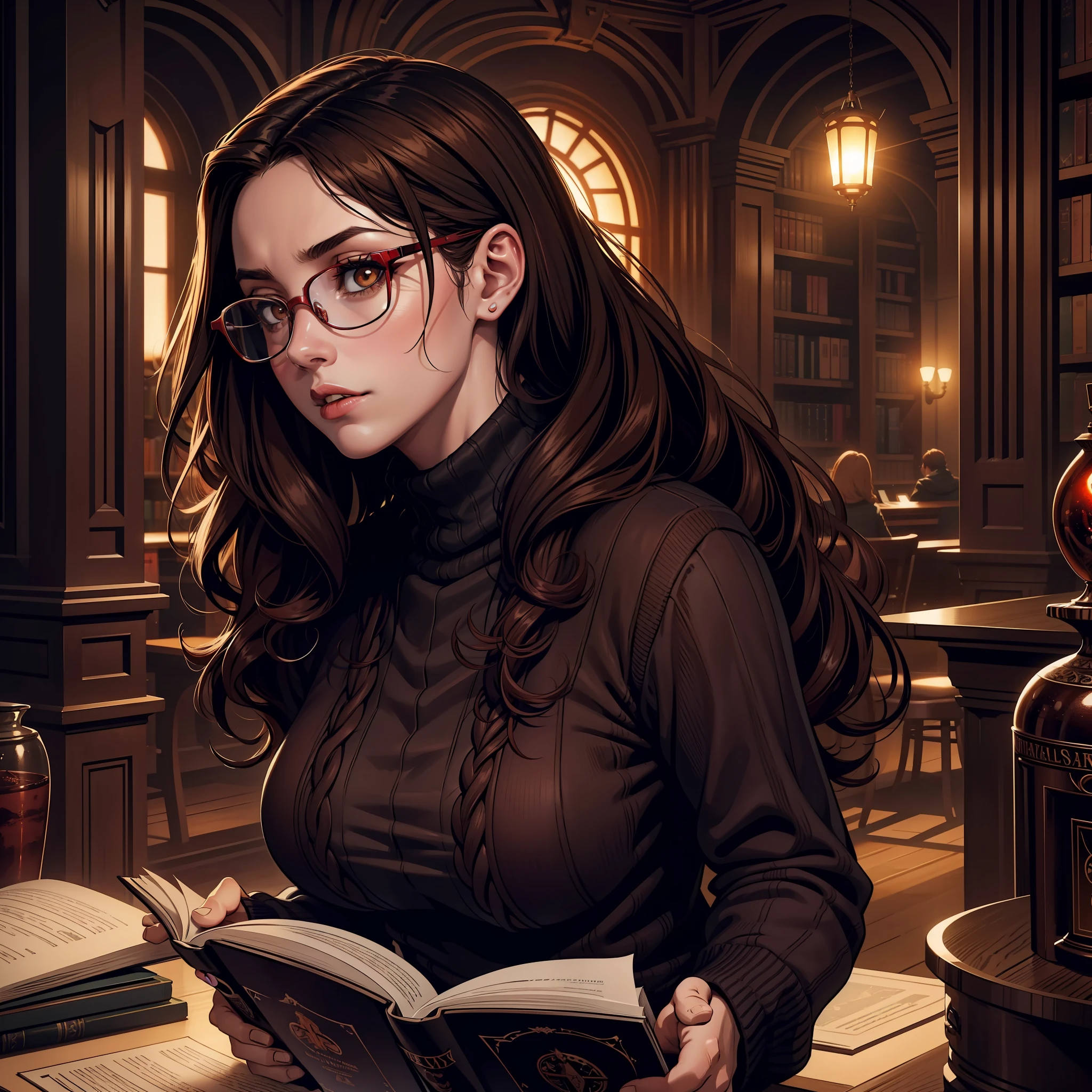 (extremely detailed 8k wallpaper), dark theme, Vampire the Masquerade, modern horror, 2020s, teenage woman, chubby, red wool sweater, round nerd glasses, reading red cover book, sharp focus, (subsurface scattering:1.1), award-winning photograph, centered face, half-body photo:1.1, long dark brown tangled curly hair, brown eyes:1.2, curious expression, old library interior,  dramatic lighting